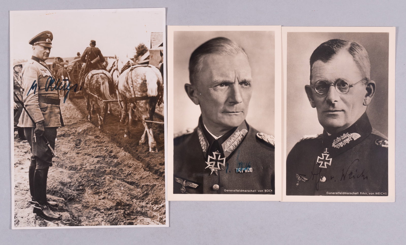 THREE GENERALFELDMARSCHALLS AUTOGRAPHS: Three autographs of Generalfeldmarschalls. 1. FEDOR VON BOCK (1880-1945). German Generalfeldmarschall who served in the German army during WWII. The signature in blue ink appears in the lower right.