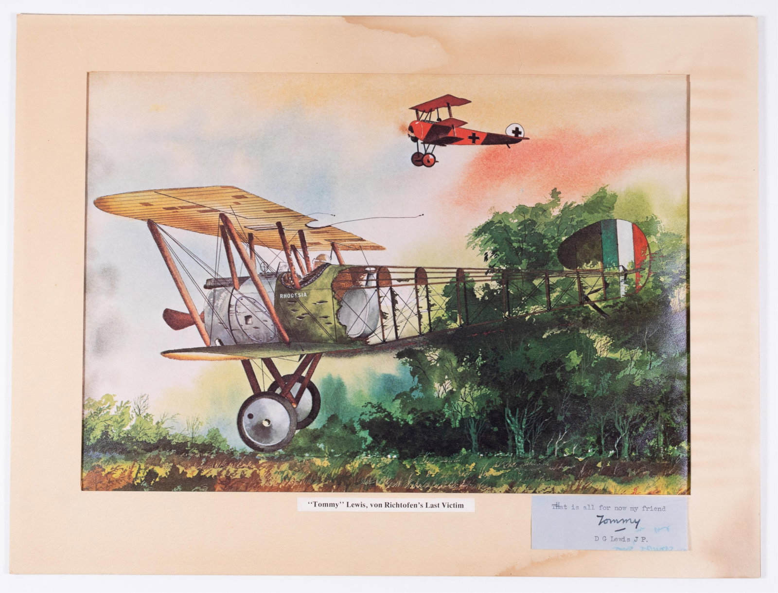 TOMMY LEWIS PRINT W/ SIGNATURE - BY ROBERT CARLIN: 'Tommy Lewis,' artwork by Robert Carlin, depicts David Greswolde Lewis in his plane, the 'Rhodesia,' during his fateful fight with Manfred von Richtofen. During this fight, Lewis became the last