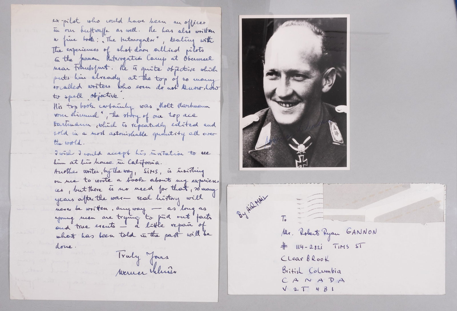 WERNER SCHROER: (1918-1985) WWII German Fighter ace, credited with 114 victories. Recipient of the Knight's Cross with Oak Leaves and Swords and the Italian Silver Medal of Military Valor. Including a black and white