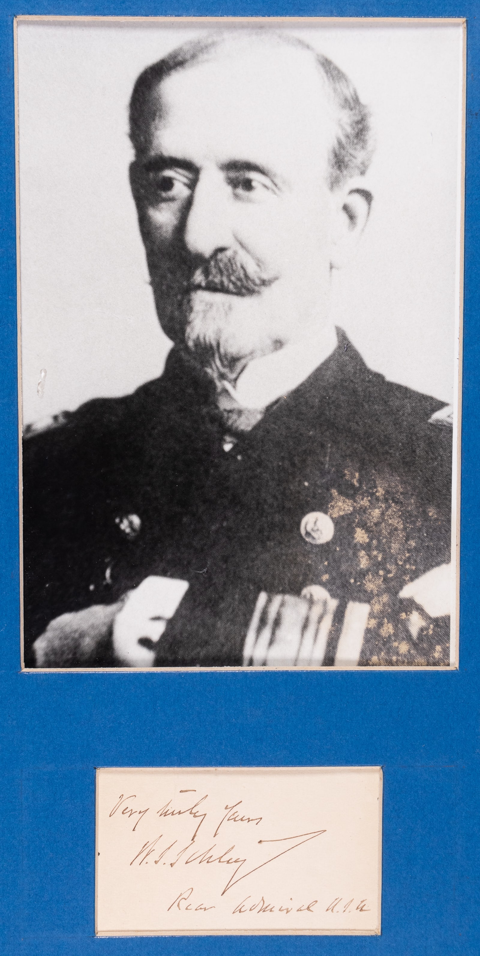 WINFRIED SCOTT SCHLEY REAR ADMIRAL U.S.N.: Winfield Scott Schley (1839-1911), rear admiral in the United States Navy and the hero of the Battle of Santiago de Cuba during the Spanish-American War. Signed card 3x 4 inches: 'Very truly yours