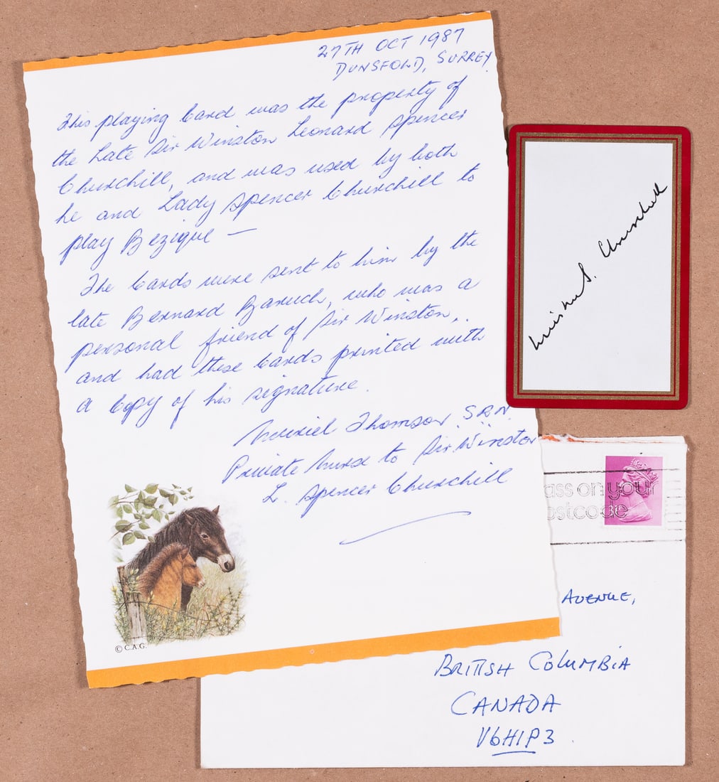 WINSTON CHURCHILL'S OWNED TWO OF SPADES PERSONAL PLAYING CARD: Winston Churchill's personal Two of Spades playing card from a deck owned by him with the ONLY EXISTING ORIGINAL handwritten COA letter and mailing envelope from Muriel Thomson, SRN, private nurse to