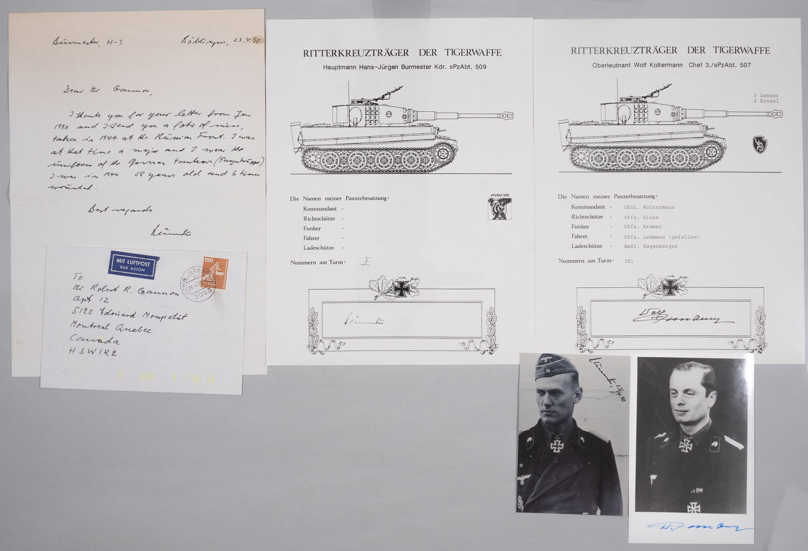 WOLFGANG KOLTERMANN - HANS-JURGEN BURMESTER: Two WWII Panzer Knight's Cross recipients, including HANS-JURGEN BURMESTER (1916-1998) highly decorated Major in WWII, also a recipient of the German Cross in Gold. With a Tiger tank graphic, signed