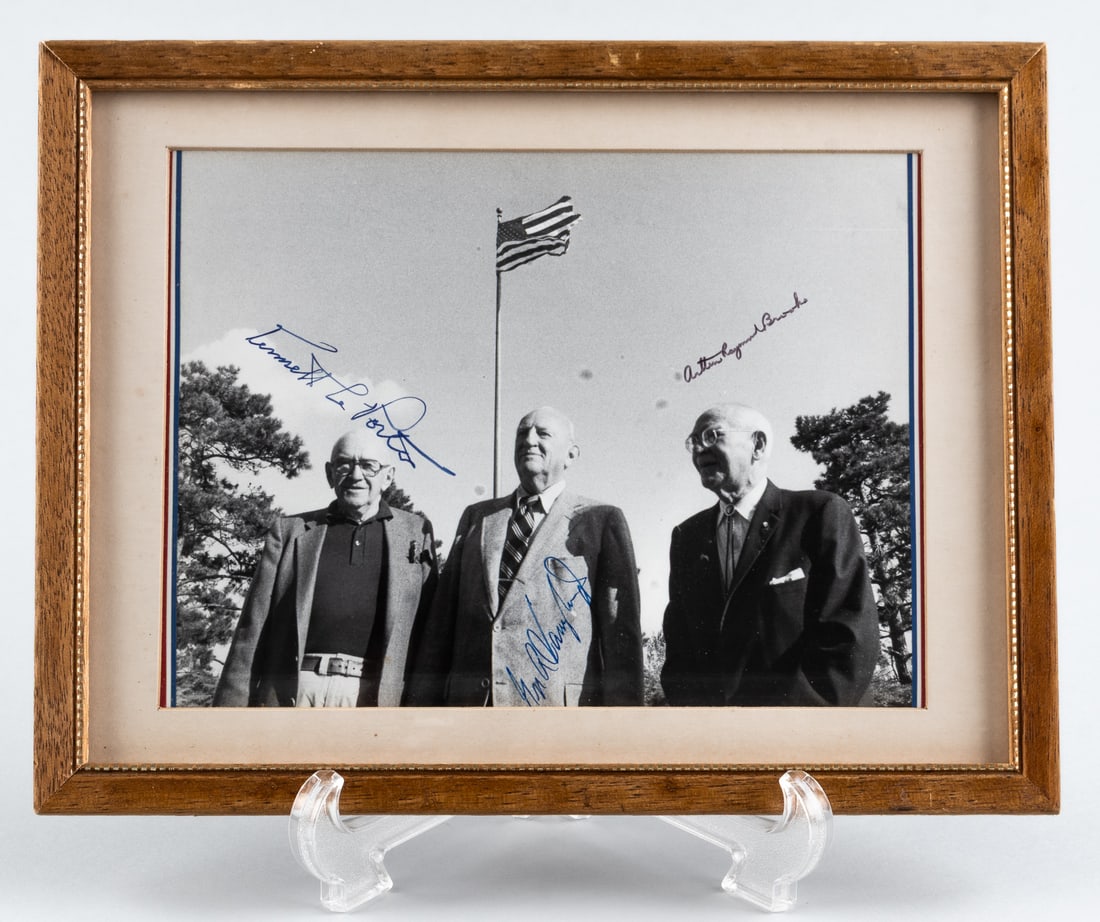 WWI FLYING ACES SIGNED PHOTOGRAPH: Rare signed photograph signed by three WWI aviators and flying aces. The photograph is signed by GEN. GEORGE A. VAUGHN JR. (1897-1989), American WWI top-ranking flying ace who shot down 13 enemy