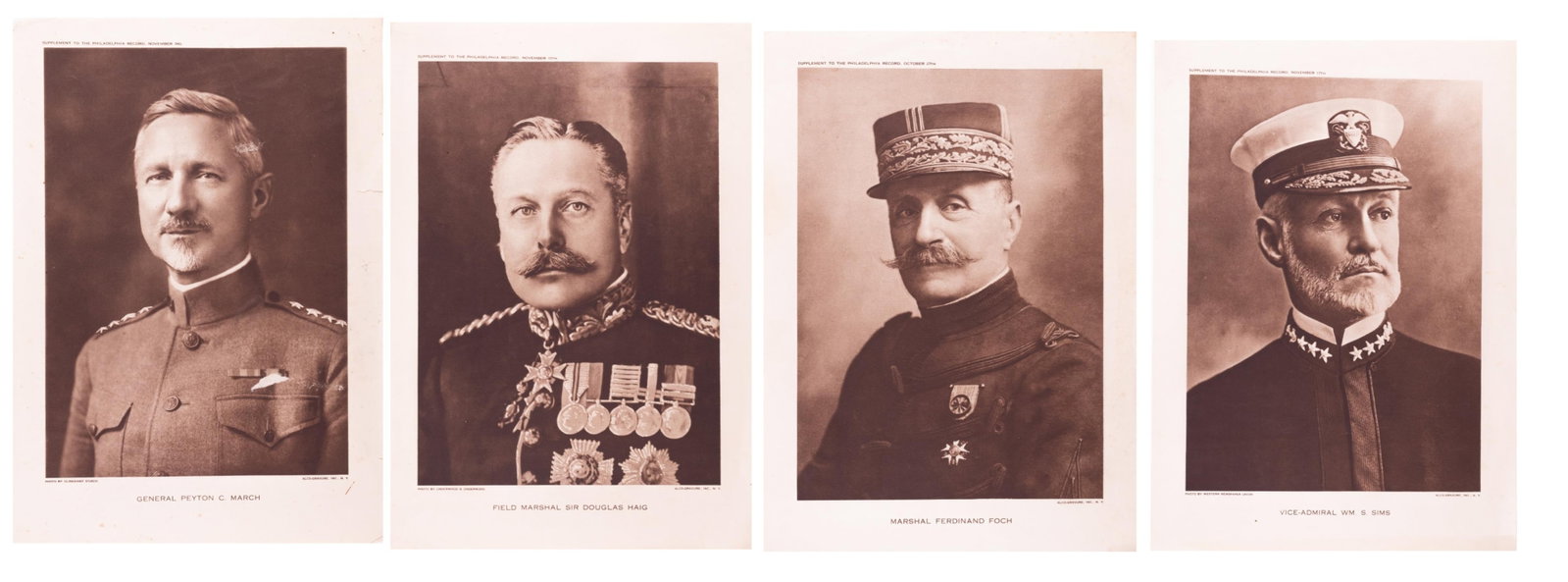 4 WWI GENERAL PORTRAIT POSTERS: Four prints of WWI generals, published by the Philadelphia Record. Photographs Marshal Ferdinand Foch, General Peyton C. Match, Field Marshal Sir Douglas Haig, Vice Admiral William S. Sims. 10 x 14