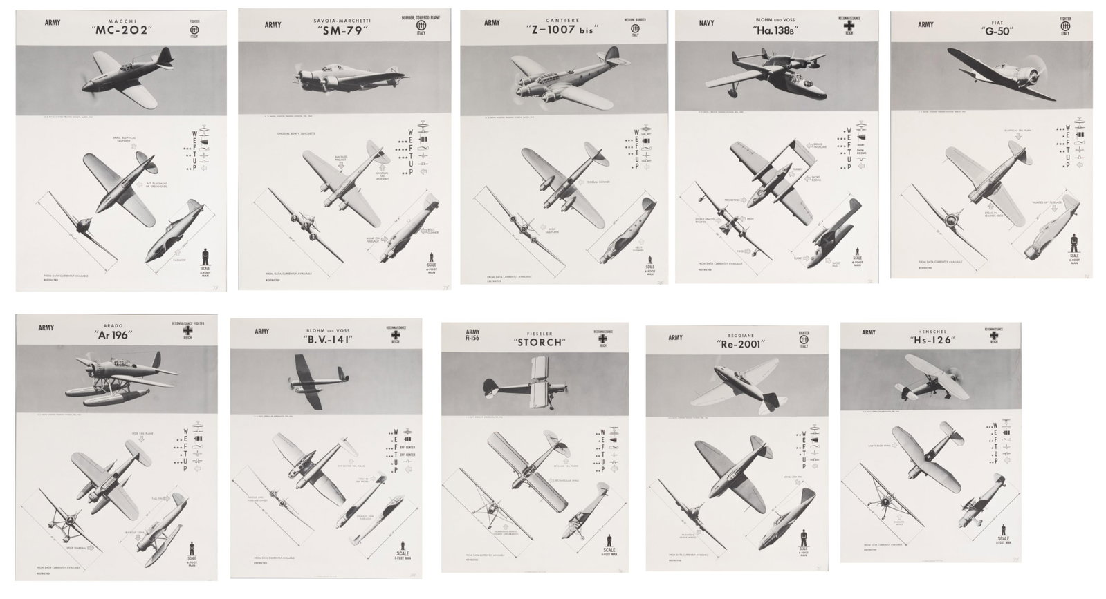 10 US NAVAL AVIATION AXIS POWER PLANE RECOGNITION POSTERS: Ten U.S. Naval training plane recognition posters for Third Reich German and Italian planes, three by the U.S. Naval Aeronautics, 1944, and seven by the U.S. Naval Aviation Training Division, 1943. in