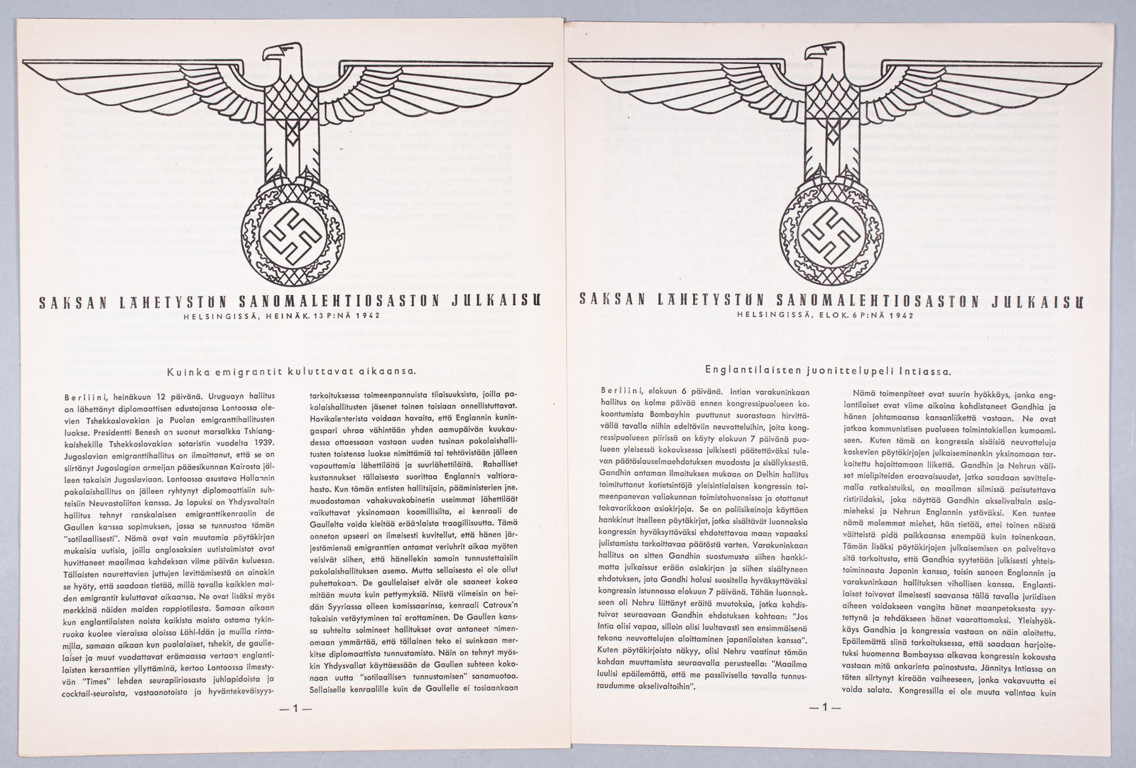 WWII GERMAN EMBASSY IN FINLAND PROPAGANDA NEWSLETTERS (2) (1 of 4)