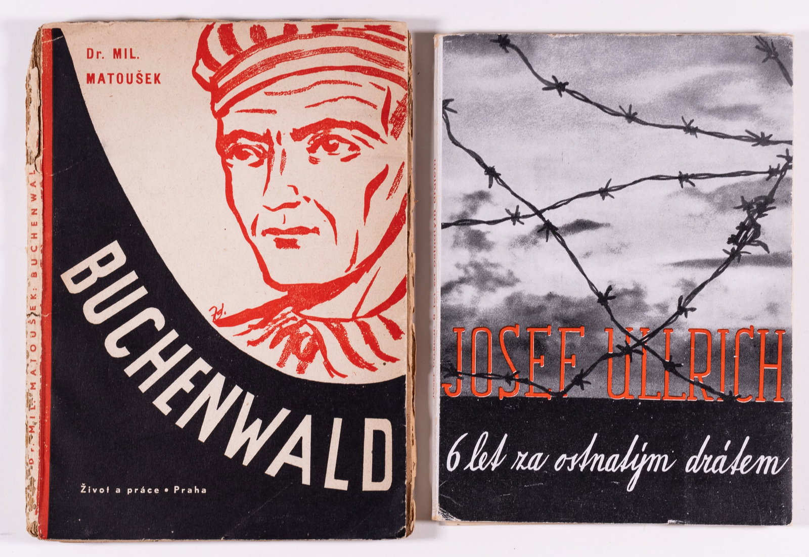 2 BUCHENWALD CONCENTRATION CAMP CZECH BOOKS: Lot of two Buchenwald concentration camp Czech books, including 'Six Years Behind the Barbed Wire,' by Josef Ulrich,1945, with b/w fold-out maps of a Buchenwald and a barracks building, with 'Buchenwa
