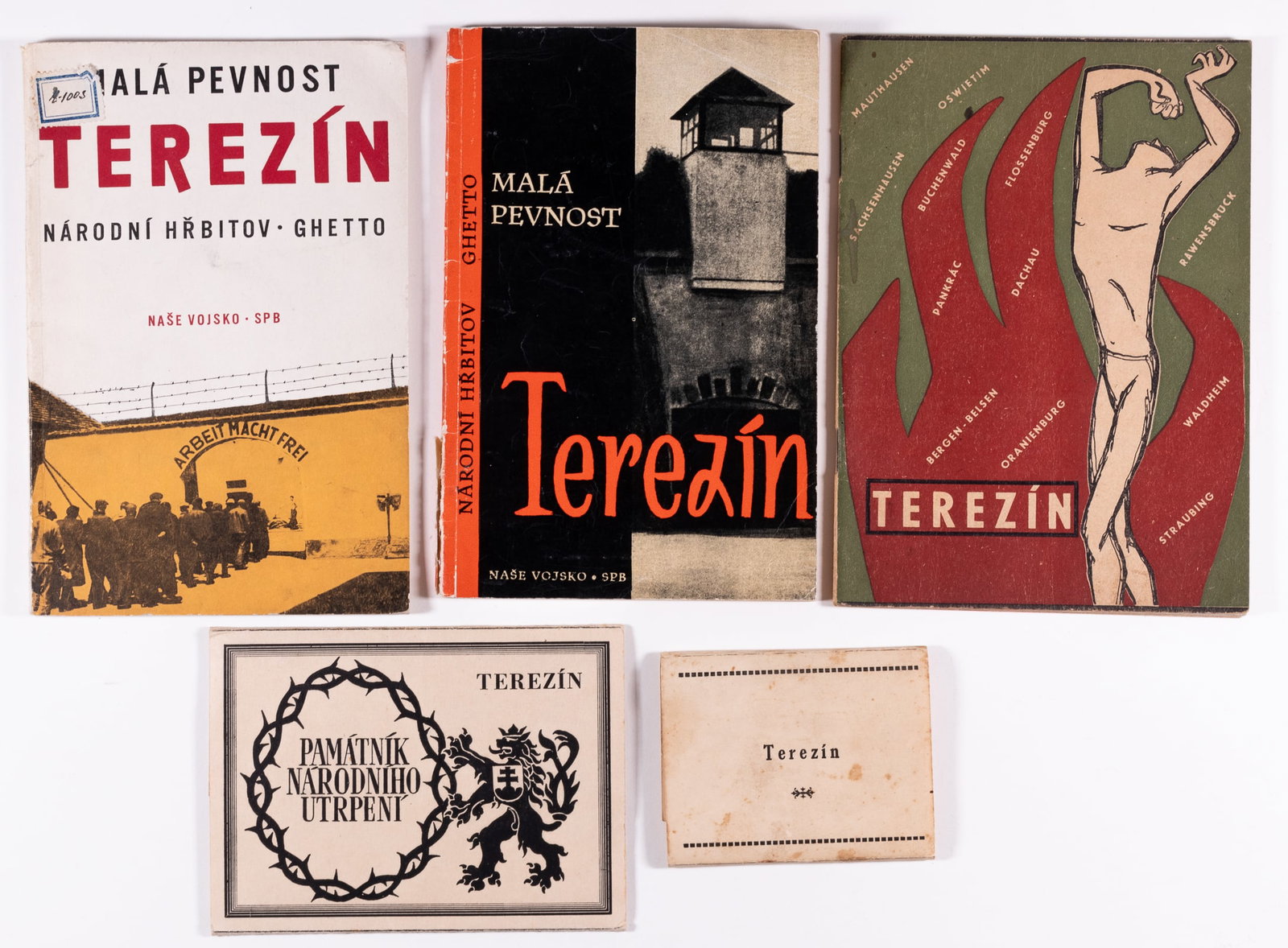 3 THERESIENSTADT CONCENTRATION CAMP PHOTO BOOKS AND PHOTOS: Lot of three Terezin concentration camp books and two photo sets, including 'The Calvary of the Czech Nation had the Fortress of Terezin,' 2nd supplement edition, 1946, two of 'The Small Fortress of T