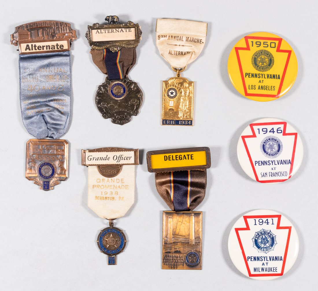 AMERICAN LEGION REUNION MEDALS AND PINS: American Legion Reunion medals and pins, all from Pennsylvania Legion members, including: 12th Annual Convention Dept. of Penna. Harrisburg 1930 medal, The Whitehead & Hoag Co., Newark, N.J. Grande