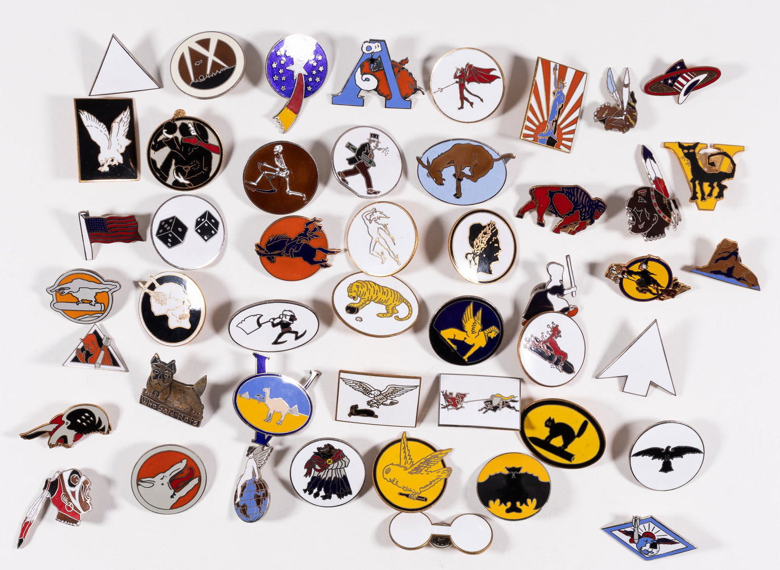 47 COMMEMORATIVE AMERICAN DIVISION PATCH PINS: Forty-seven commemorative American division patch pins. Enamel screw-back pins, two without the nut. Approx. 1.25 inches in diameter. From the personal collection of Art Beltrone.