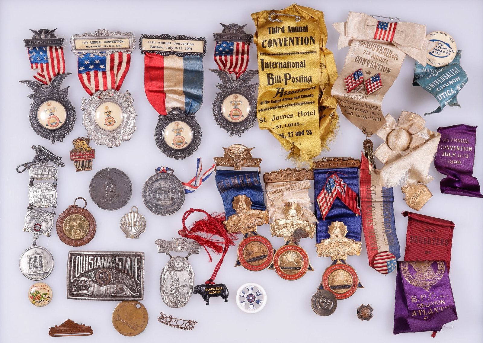 LARGE COLLECTION OF MASONIC AND FRATERNAL MEDALS AND BADGES: Large and varied collection of Masonic and fraternal medals, badges, ribbons, and related items. Includes a 1916 Commemorative Medal from Northboro, Massachusetts, celebrating the town’s 150th