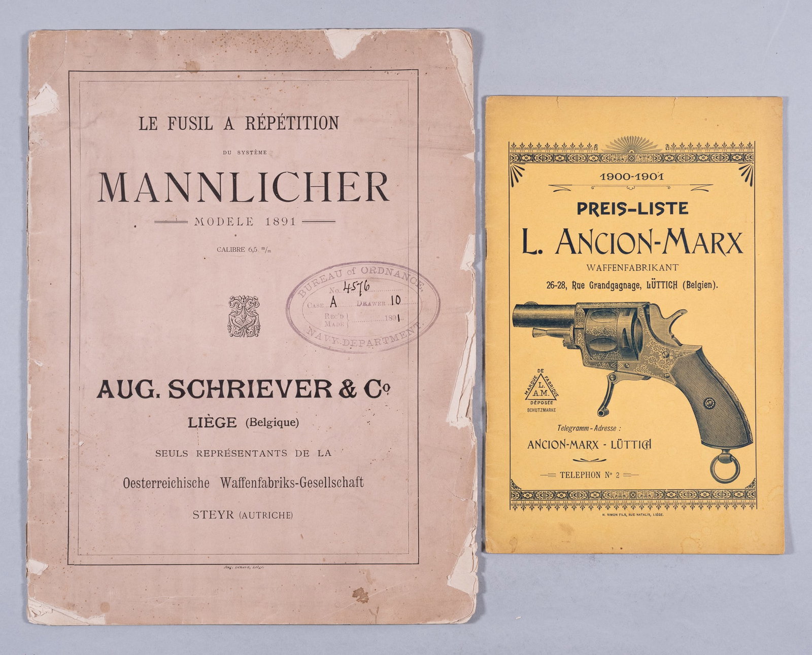 2 ANTIQUE GUN CATALOGS ANCION-MARX - MANNLICHER MODEL 1891: Pair of antique European gun catalogs: L. Ancion-Marx, Liege, 1900 to 1901 price and gun catalog, 24 pages, 9.75 x 6.25 inches. WITH: French Mannlicher Model 1891 rifle catalog, approx. 13 pages, 12.5