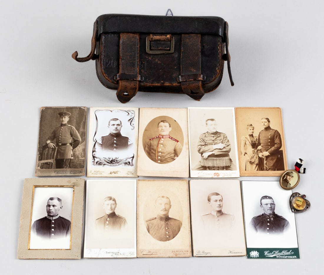 IMPERIAL MILITARIA GROUPING AMMO POUCH AND CDV CARDS: WWI German M1874/87 leather ammo pouch, under the clip in the front, is marked 'FRANKE A/M - 120.R.1875' inside on the top lid is stamped '120.R.1888,' 7 x 3.75 x 2 inches. With a pair of WWI German