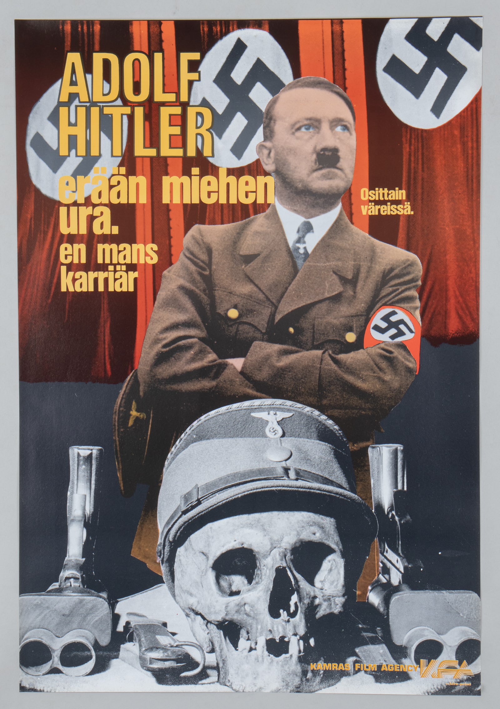 FINNISH HITLER MOVIE POSTER: Finnish Hitler movie poster, 'Adolf Hitler - One Man's Career,' by Kamras Film Agency, 1977. 16 x 24 inches.