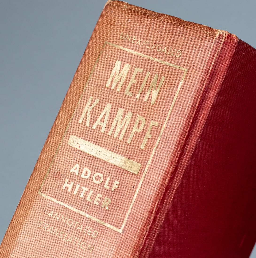 ADOLF HITLER MEIN KAMPF ENGLISH EDITION: American english language edition of Adolf Hitler's Mein Kampf, complete and unabridged, annotated edition. Published 1941 by Reynal and Hitchcock, New York. Red hardcover edition, 1004 pages, 6 x 9 i