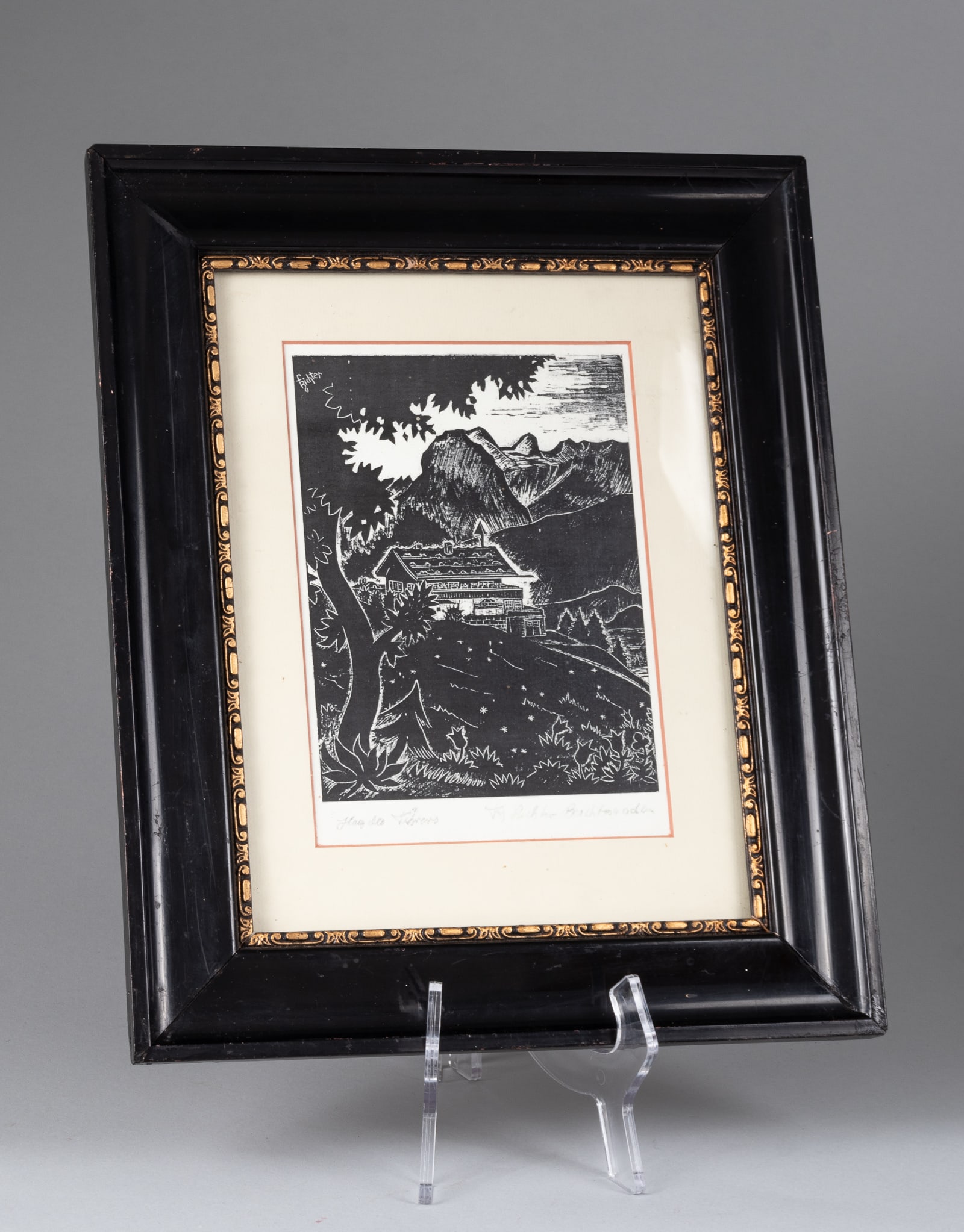 ADOLF HITLER'S BERGHOF WOODCUT BY FRITZ RICHTER: Original woodcut print of Adolf Hitler's mountain retreat 'The Berghof' by Fritz Richter (1904, Salzburg - 1981, Berchtesgaden) titled 'Haus des Fuhrers' [The Berghof - House of the Fuhrer], and signe