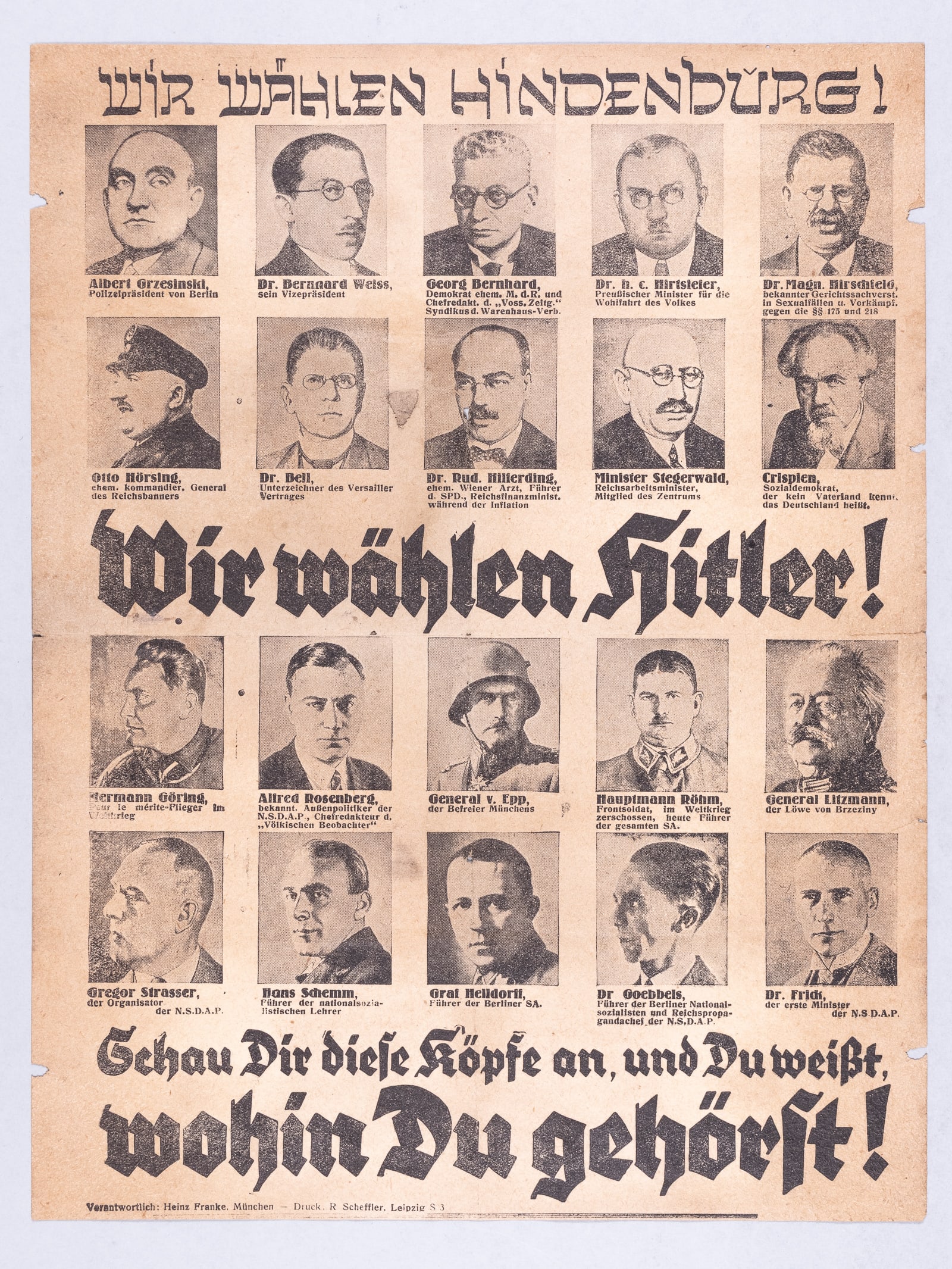 1932 HITLER NAZI PARTY ELECTION POSTER ONLY JEWS VOTE FOR HINDENBURG: Scarce 1932 pro-Hitler anti-Semitic election poster for the upcoming presidential election between Hindenburg and Hitler. The top line declares 'We Are Voting for Hindenburg!' rendered in pseudo-Hebre