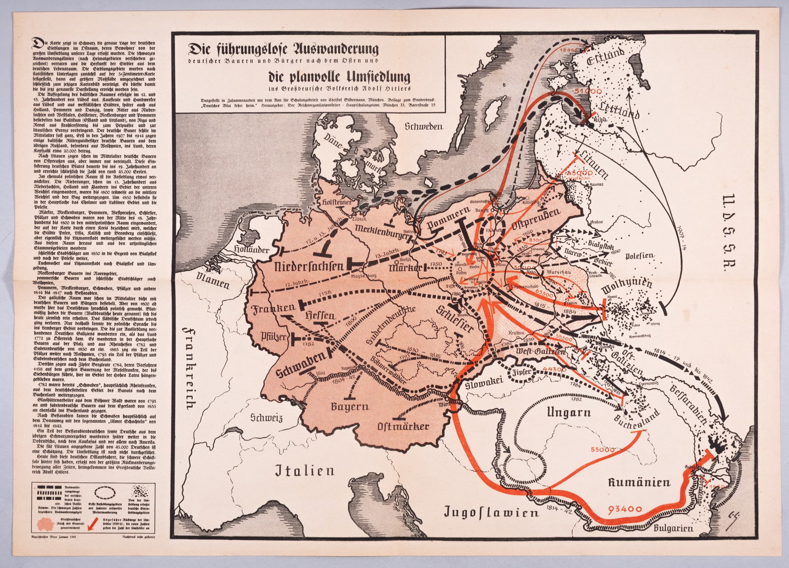 WWII GERMAN BLOOD RETURNS HOME NAZI PROPAGANDA MAP: Scarce original 1941German propaganda map of the Reich, Austria, and Poland, headlined 'The Leaderless Emigration of German Farmers and Citizens to the East and the Planned Resettlement into the Great