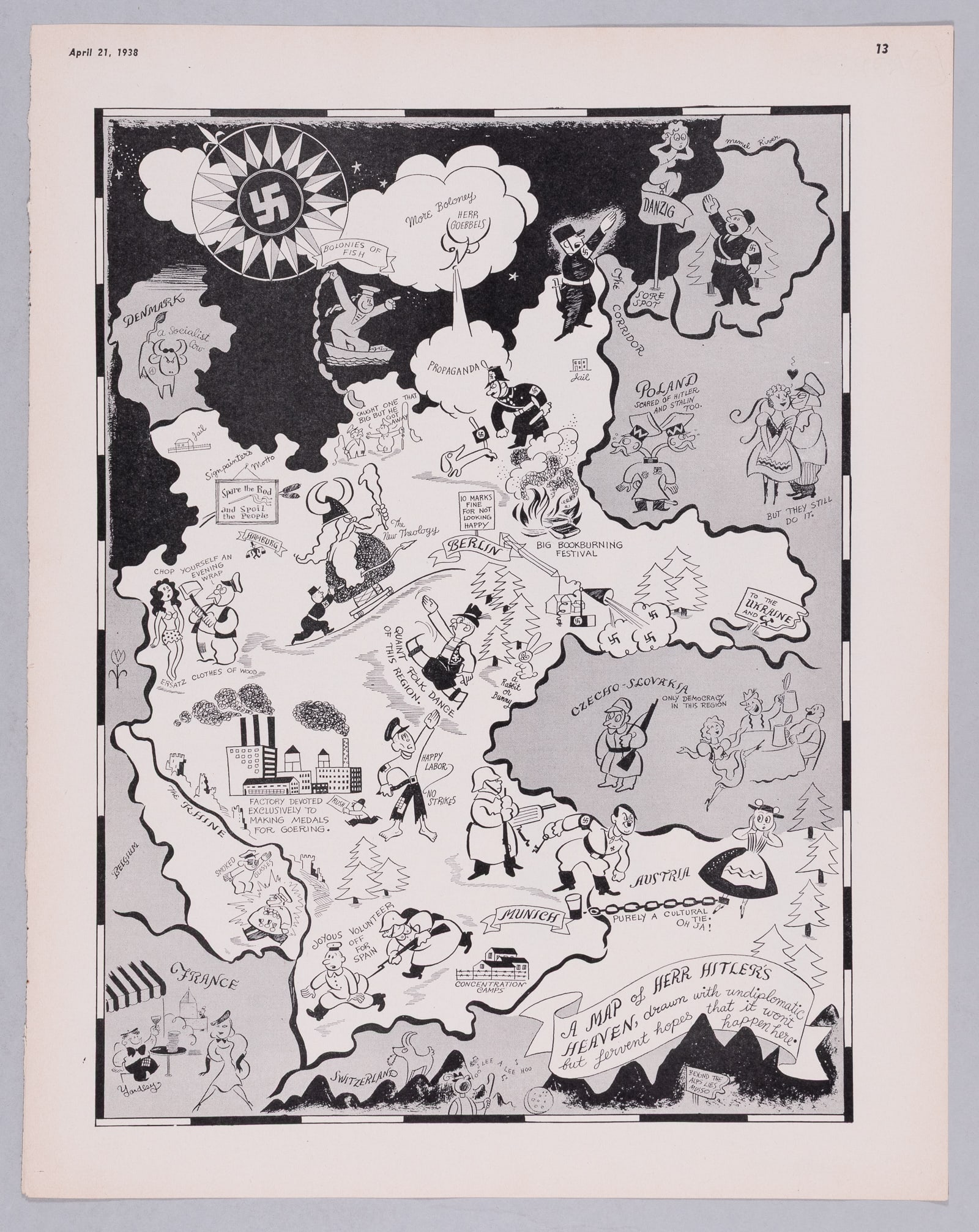 HERR HITLER'S HEAVEN MAP BY RICHARD Q. YARDLEY: Original 1938 anti-fascist satirical pictorial map by American cartoonist Richard Q. Yardley (1903-1979). 'Map of Herr Hitler's Heaven, drawn with undiplomatic but fervent hopes that it won't happen