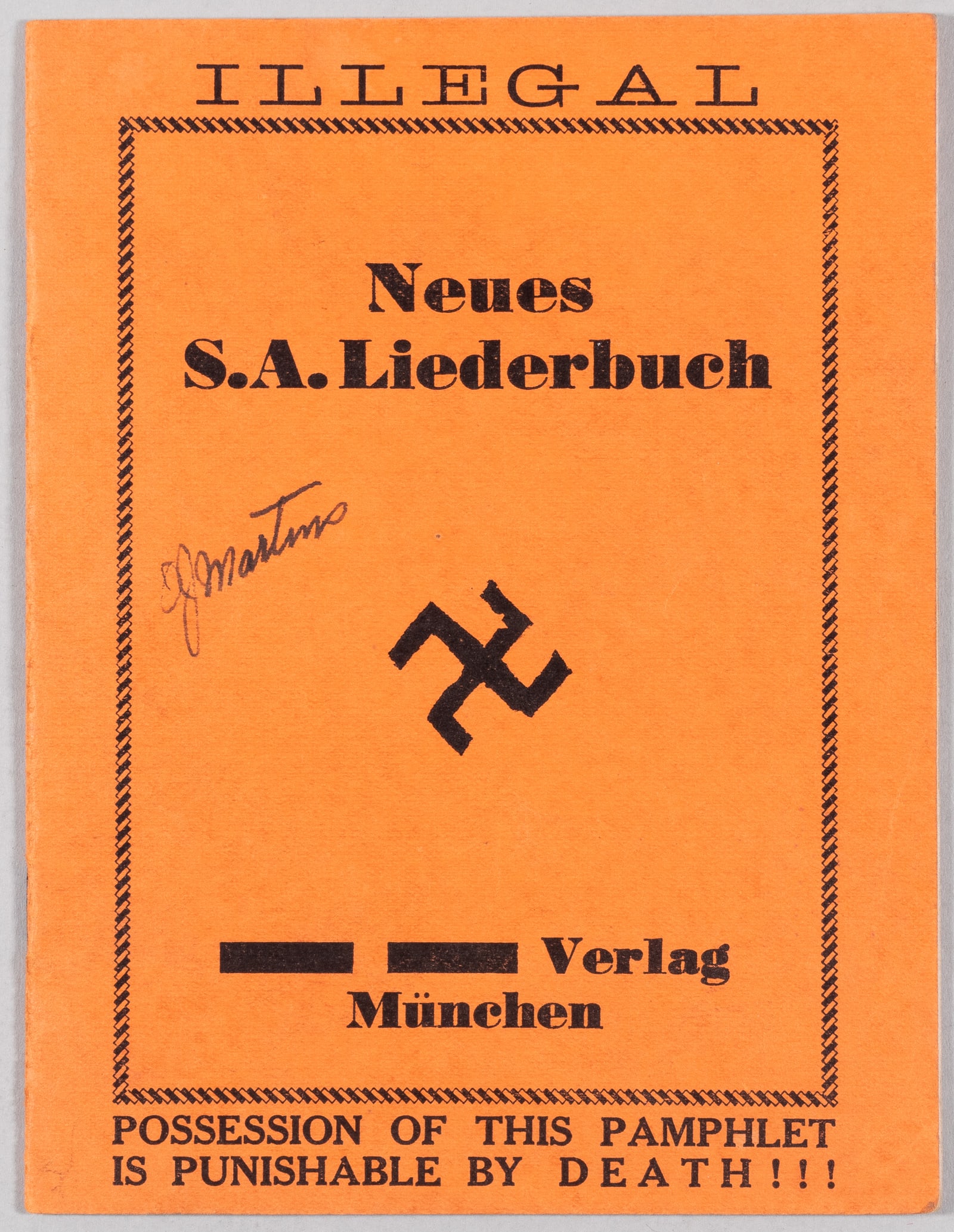 LAUGHTER IN HELL ANTI-HITLER BOOKLET: 'Laughter in Hell.' Translated by Arthur Heller, adapted by R. Stone, New York City: Universum Publishers, ca. 1935. A collection of anti-fascist jokes that was originally distributed in Germany in