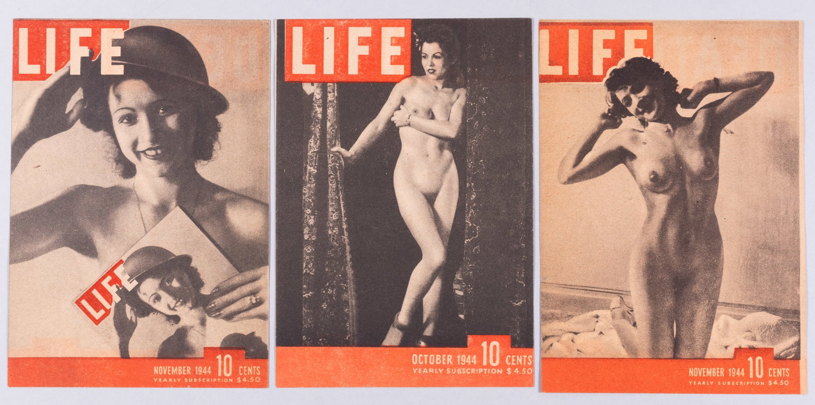 3 WWII GERMAN LIFE MAGAZINE DEATH PROPAGANDA LEAFLETS: Three original German propaganda leaflets dated October or November 1944, dropped on Allied troops in Italy. Each 'Life Magazine' depicts a nude or semi-nude woman and a skull wearing an American or