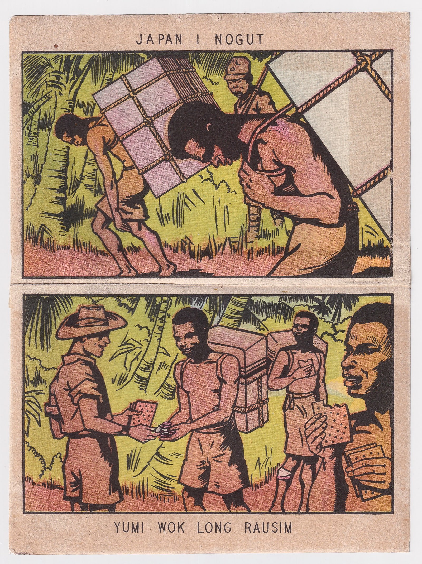 RARE WWII ANTI-JAPANESE PAPUA NEW GUINEA PROPAGANDA LEAFLET: Rare WWII Anti-Japanese propaganda leaflet made for Papua New Guinea natives by the Australians reads in Tok Pisin, 'Japan is Bad / Let's Get Rid of Them,' with an illustration of Japanese working