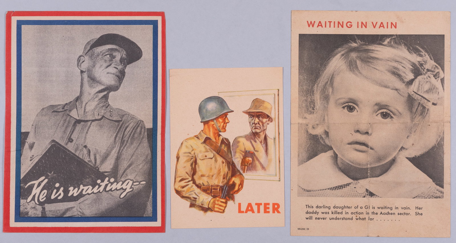 3 WWII GERMAN ANTI-ALLIES PROPAGANDA LEAFLETS: Three WWII German anti-Allies propaganda leaflets, including: Waiting in Vain / This darling daughter of a G.I. is waiting in vain. Her daddy was killed in action in the Aachen sector. She will never