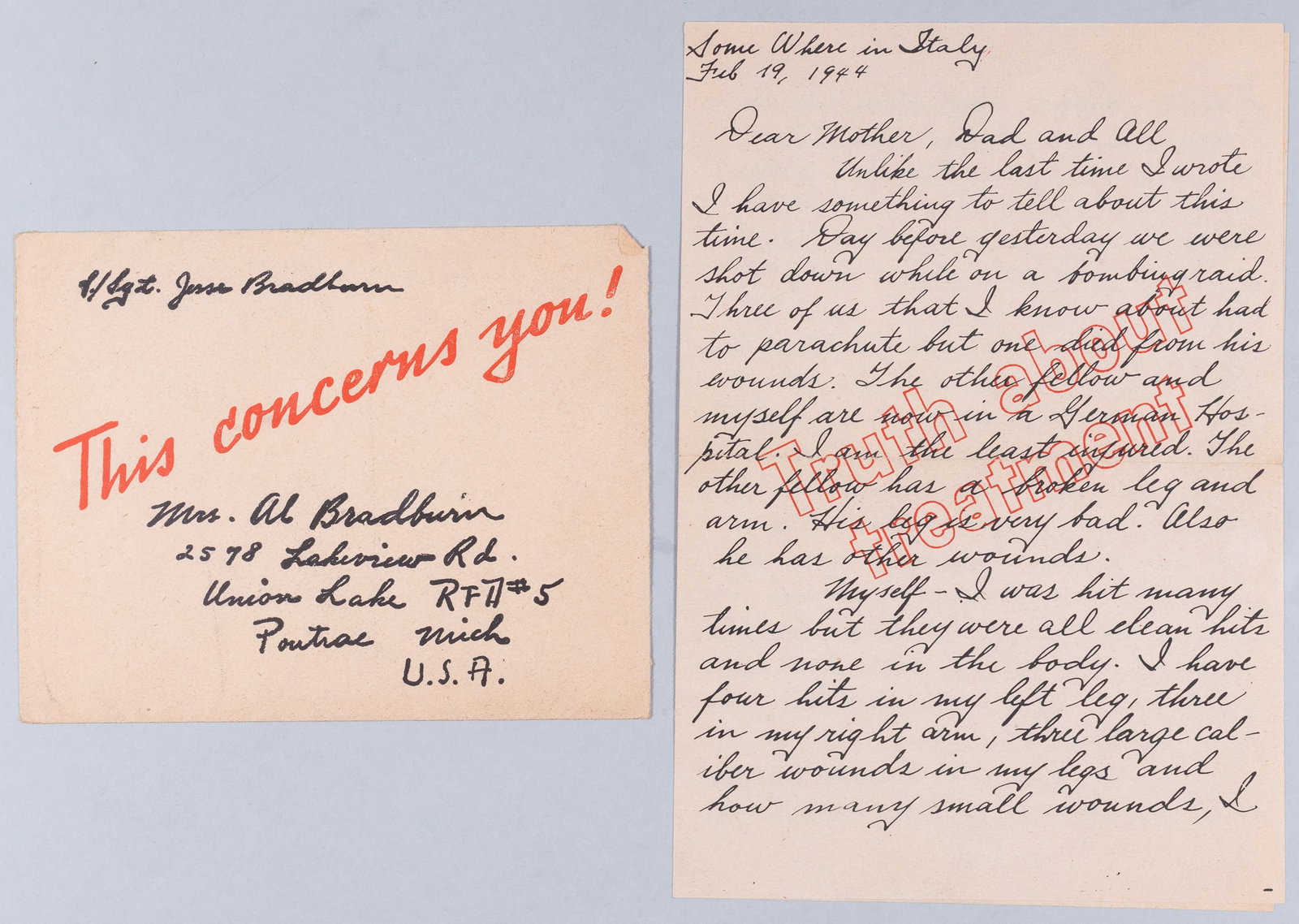 WWII POW LETTER PROPAGANDA LEAFLET: WWII PoW letter propaganda leaflet, written by a fake soldier, S./Sgt Jesse Bradburn, addressed to Mrs. Al Bradburn. The letter describes the conditions in a German hospital while wounded and states