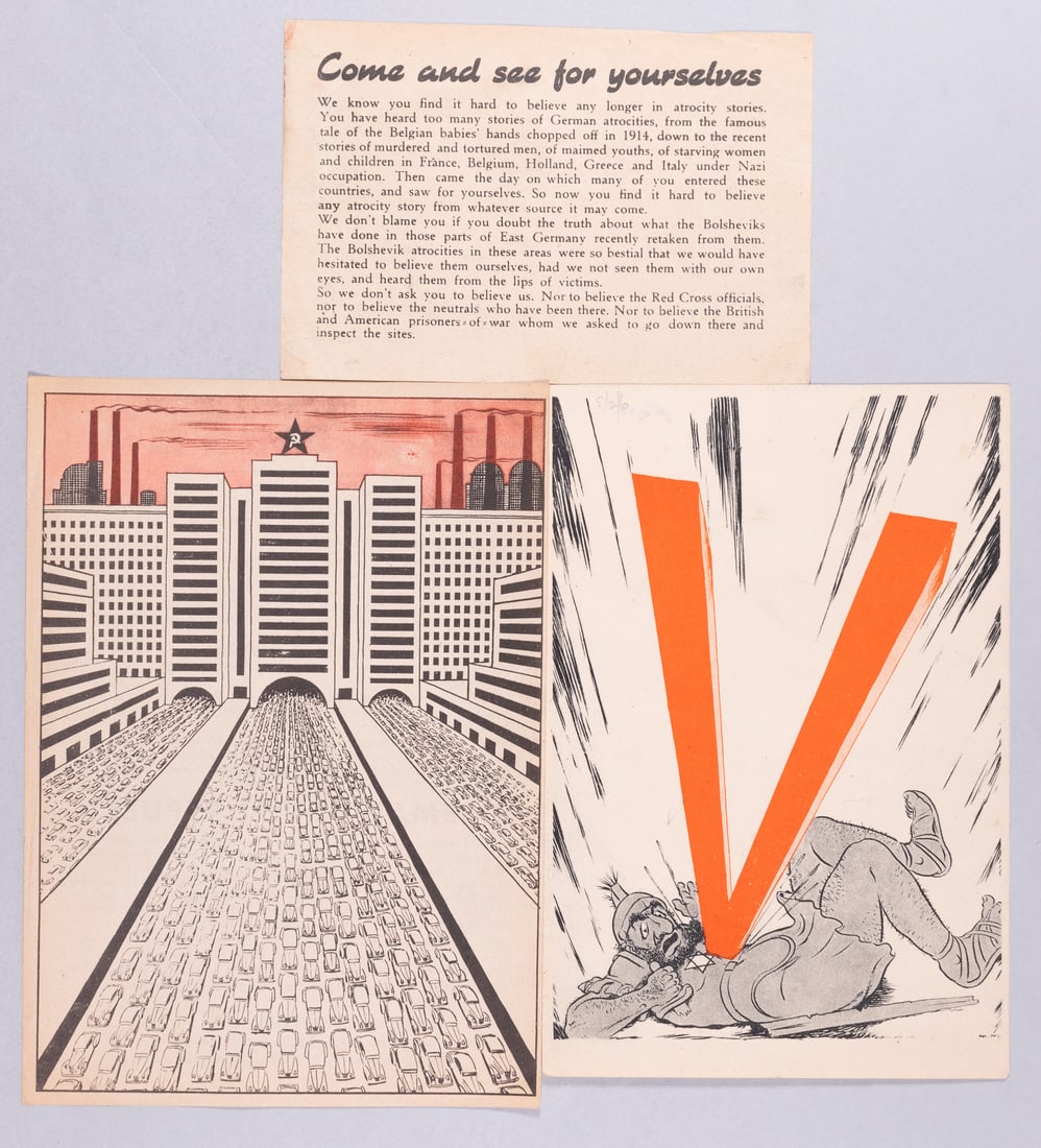 3 WWII GERMAN ANTI-ALLIES PROPAGANDA LEAFLETS: Three WWII German anti-Allies propaganda leaflets, including 'Come and see for yourselves... What your Bolshevik Allies are like!' number 1326 / 3 45, 'Do you need a car? / German Soviet Republic /