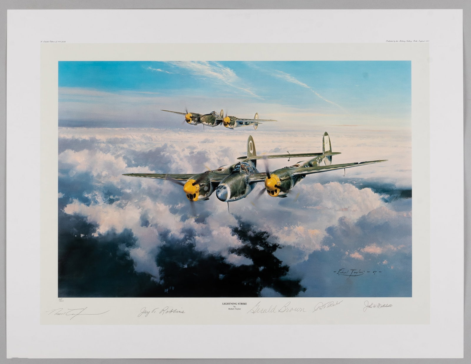 LIGHTING STRIKE LITHOGRAPH BY ROBERT TAYLOR SIGNED BY 4 P-38 ACES (1 of 4)