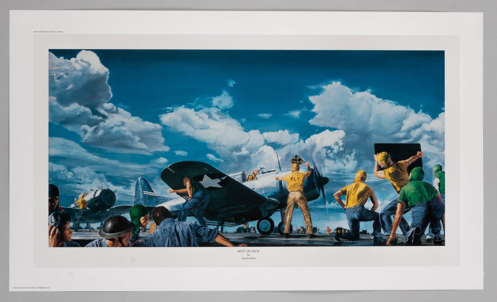 BEST ON DECK ART PRINT BY JAMES DIETZ: Best On Deck aviation art print by artist James Dietz. Limited edition 35/750, with the original paperwork, 21 x 35 inches, in excellent condition.