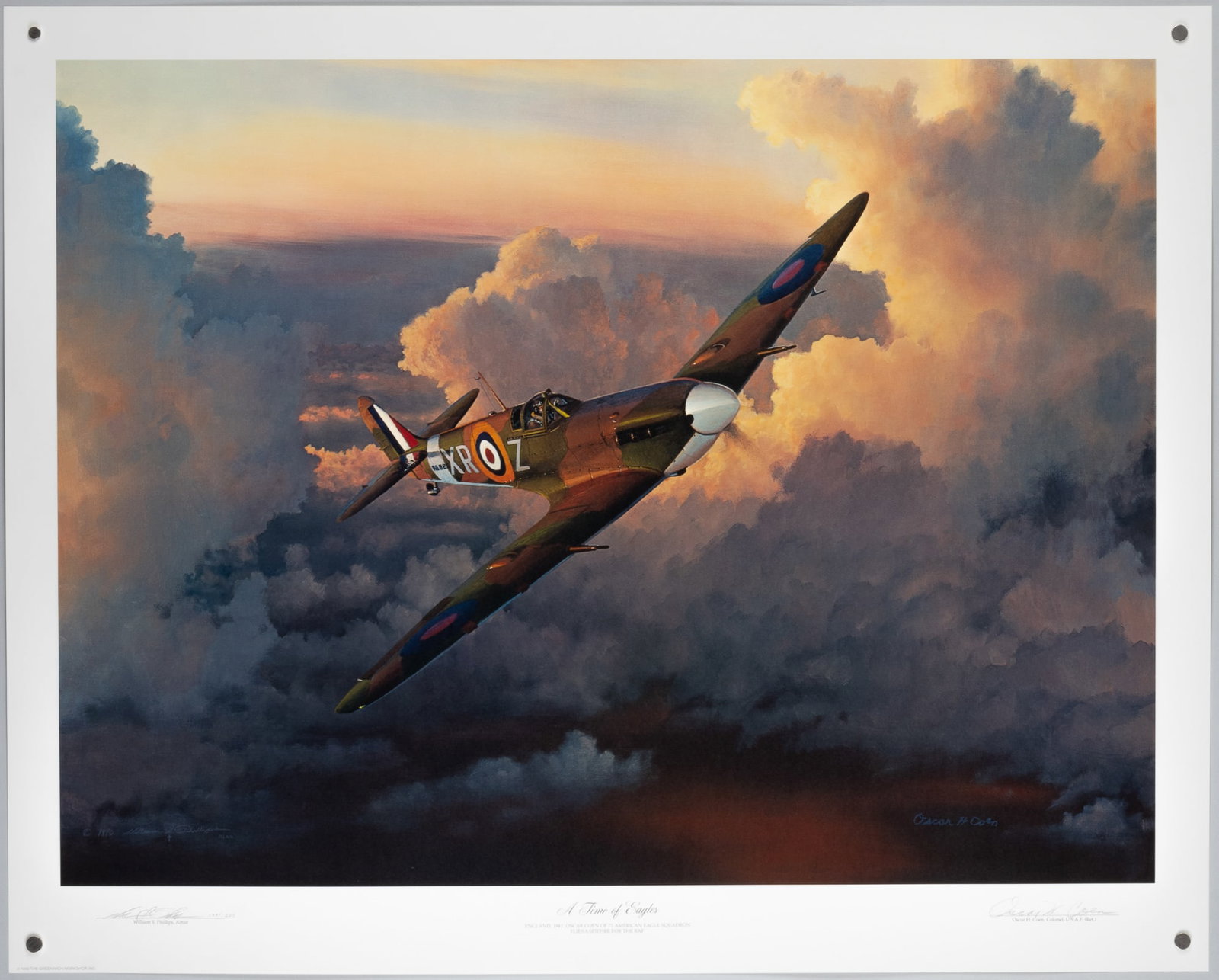 A TIME OF EAGLES BY WILLIAM S. PHILLIPS SIGNED BY COL. OSCAR COEN: A Time of Eagles limited-edition lithograph by William S. Phillips, signed in pencil at the bottom by Col. Oscar H. Coen and Phillips, numbered 179/250, with original paperwork. 28 x 34 inches.