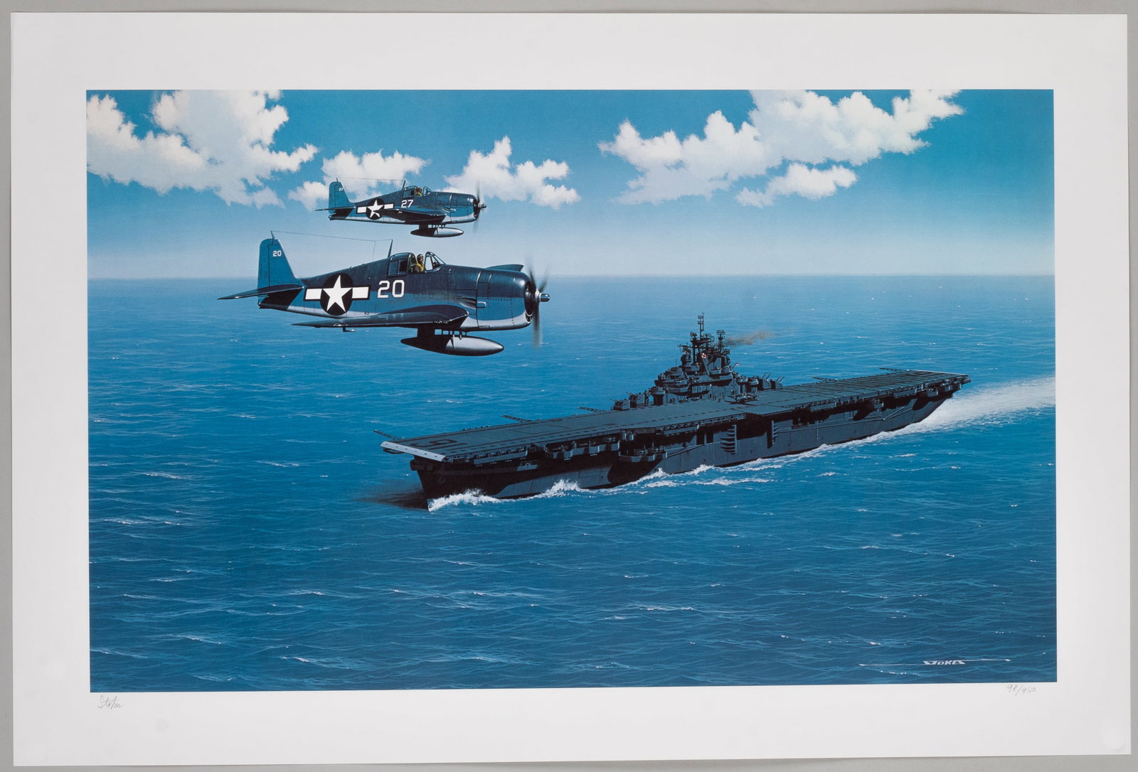 U.S.S. LEXINGTON F6F6 HELLCATS SIGNED STAN STOKES: U.S.S. Lexington featuring two F6F Hellcats, numbered 98/950, signed by artist Stan Stokes, with original paperwork. 20 x 30 inches.