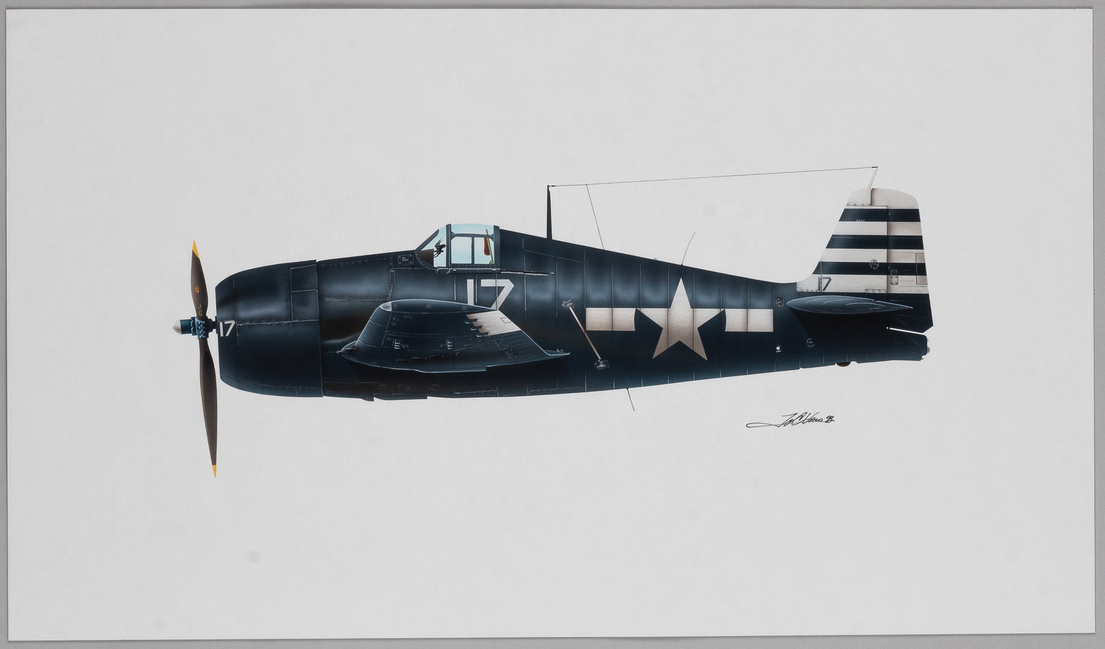 ORIGINAL ACRYLIC PAINTING - GRUMMAN F6F-5 VF-12 U.S.S. RANDOLPH CV15 MAY 1945: Original acrylic painting illustration on board, showing Grumman F6F-5 Hellcat VF-12, U.S.S. Randolph (CV-15), May 1945, unknown signature. 15 x 26 inches.
