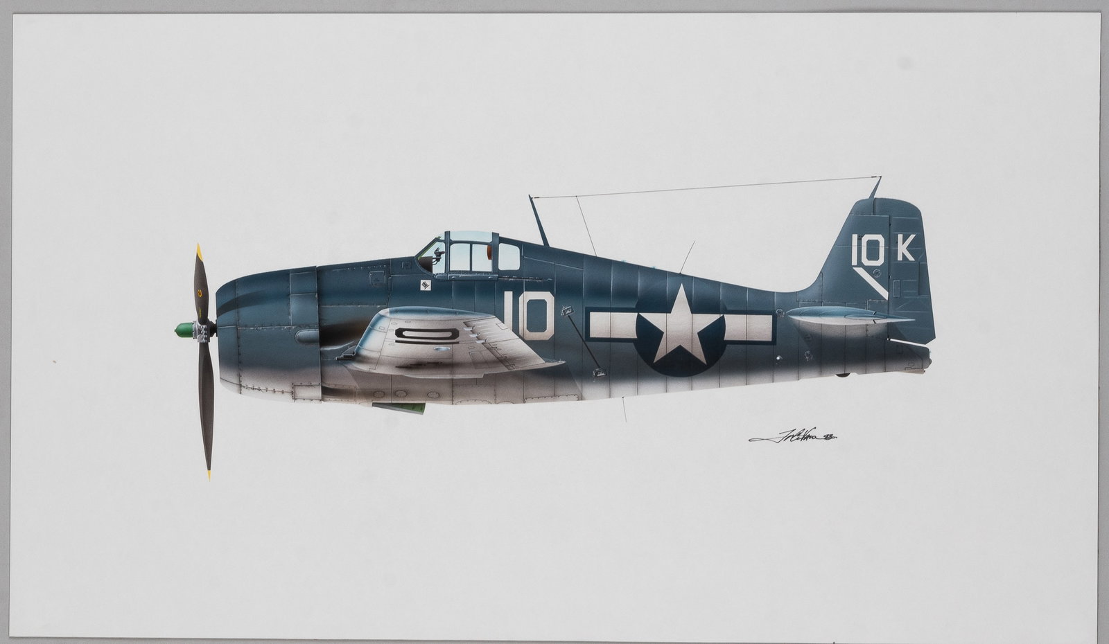 ORIGINAL ACRYLIC PAINTING - GRUMMAN F3F HELLCAT VF-1 TOP HATTERS U.S.S.YORKTOWN JUNE 1944: Original acrylic painting illustration on board, showing Grumman F3F Hellcat VF-1 Hatters, U.S.S. Yorktown (CV-10), June, 1944, unknown signature. 15 x 26 inches.