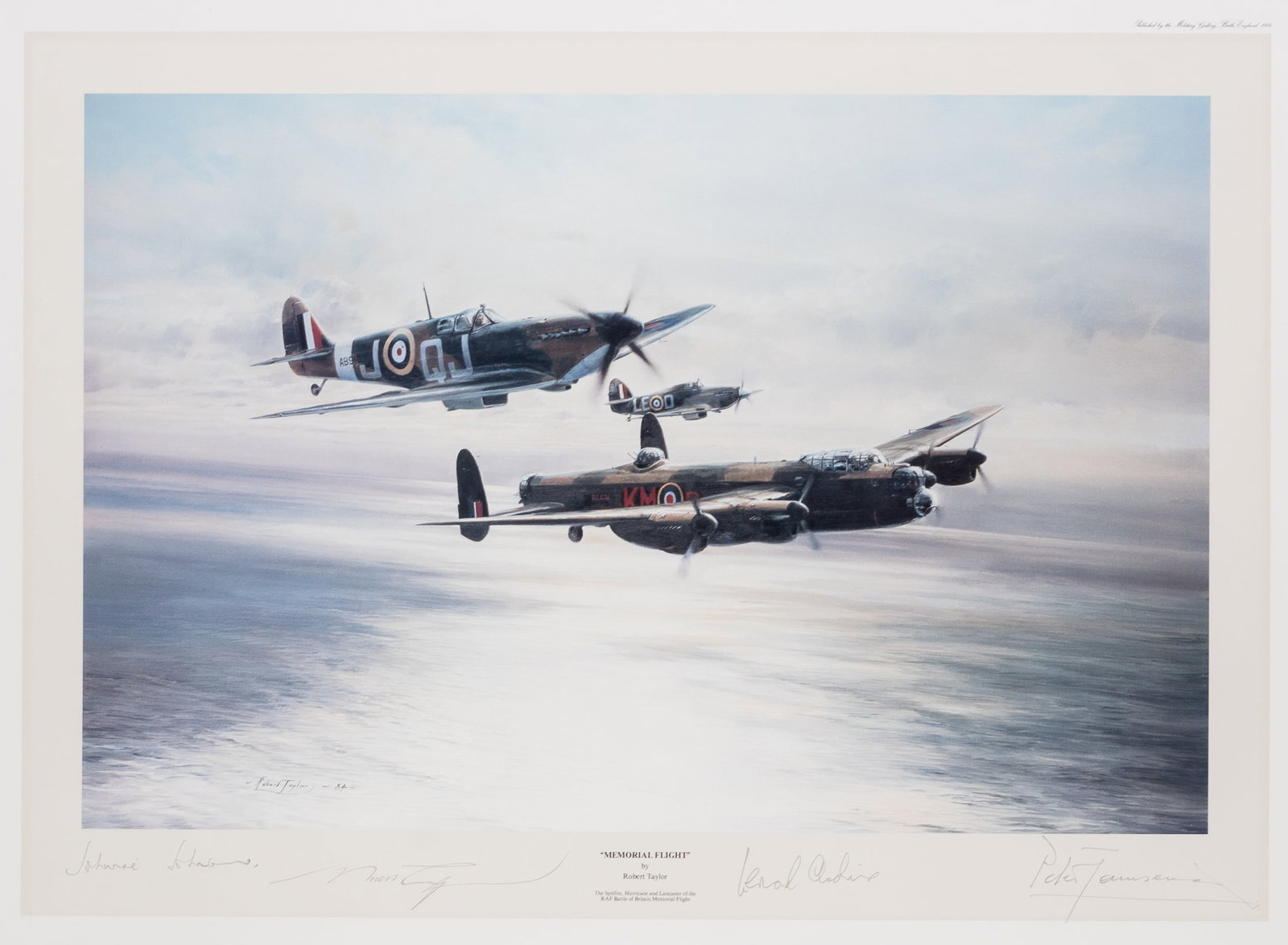 MEMORIAL FLIGHT ROBERT TAYLOR SIGNED BY PILOTS: Memorial Flight - RAF’s Battle of Britain Memorial Flight depicting a Spitfire, Hurricane and Lancaster in flight. Limited edition print by Robert Taylor. Signed Air Vice Marshal JOHNNIE JOHNSON
