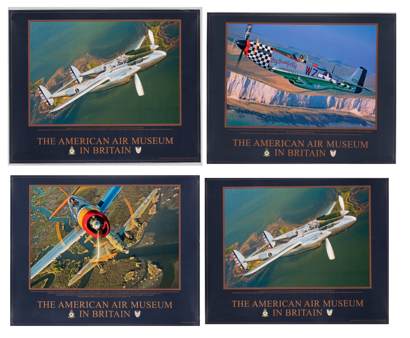 4 AMERICAN AIR MUSEUM IN BRITAIN POSTERS BY PHILIP MAKANNA: Four American Air Museum in Britain posters. 1. Lockheed P-38L Lightning. Minor wear on the top margin. 2. P-51D Mustang, painted in the colors of Big Beautiful Doll. Minor wear on the top and bottom 