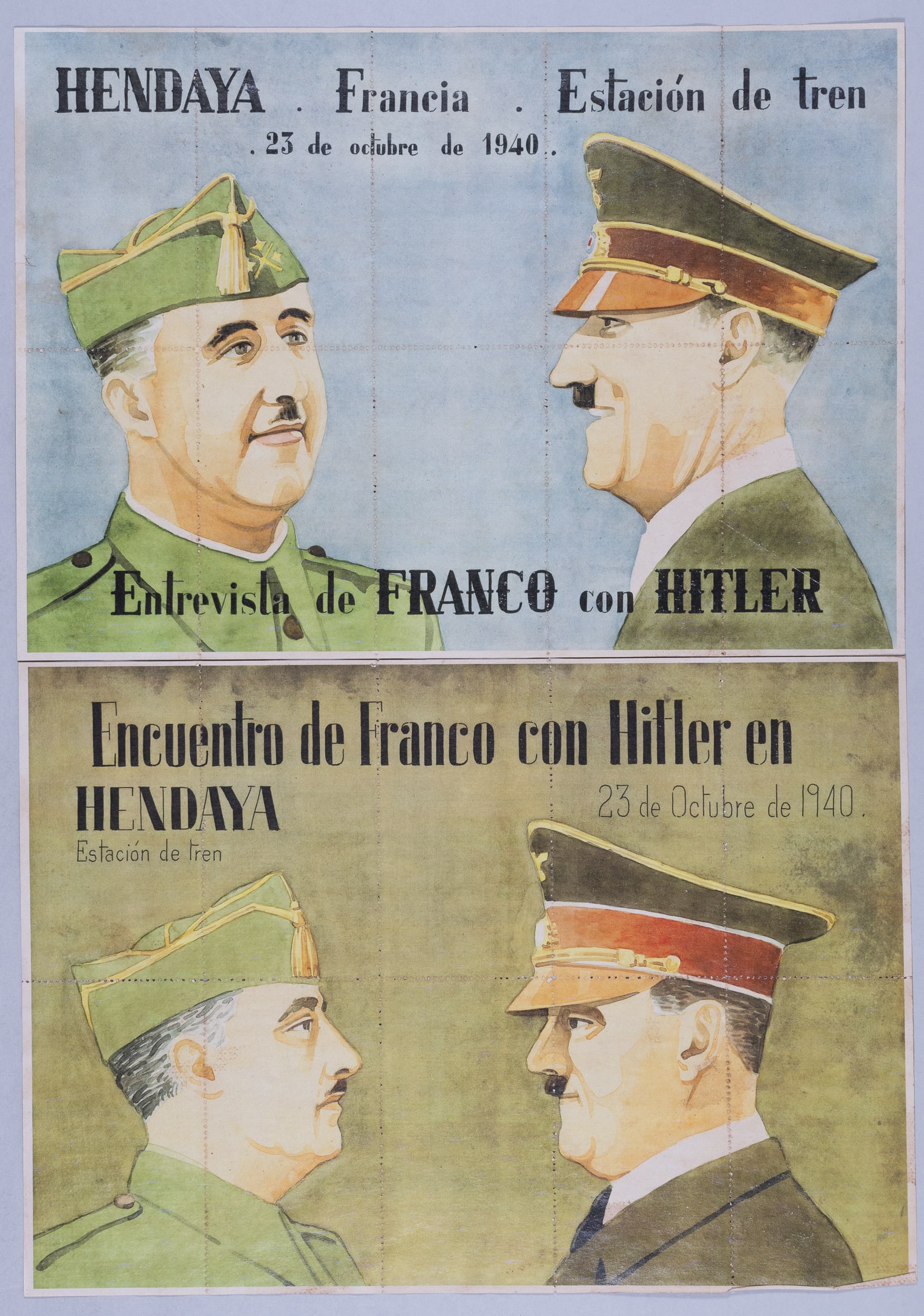 SPANISH FRANCO HITLER RATION STAMPS: A pair of color ration cards featuring Adolf Hitler and Francisco Franco, celebrating their only face-to-face meeting on the Franco-Spanish border at Hendaye, France, on October 23, 1940. Each is titl