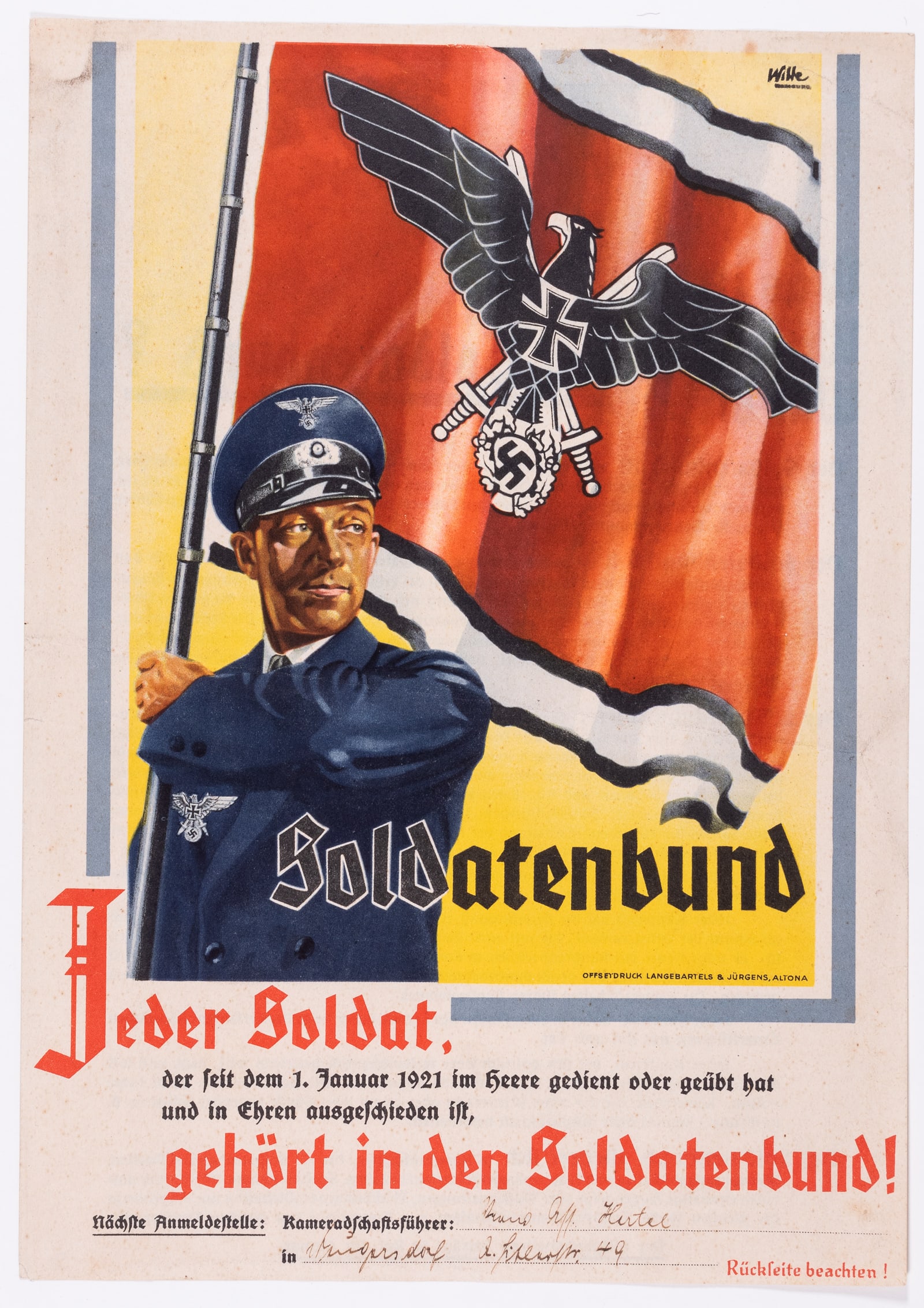 WWII GERMAN SOLDATENBUND INFORMATION FLYER: WWII German Soldatenbund information flyer, double-sided; the front features a soldier waving a Nazi veterans flag, artwork by Hermann Witte, and reads, 'Leder Soldat, der seit dem 1. Januar 1921 im H