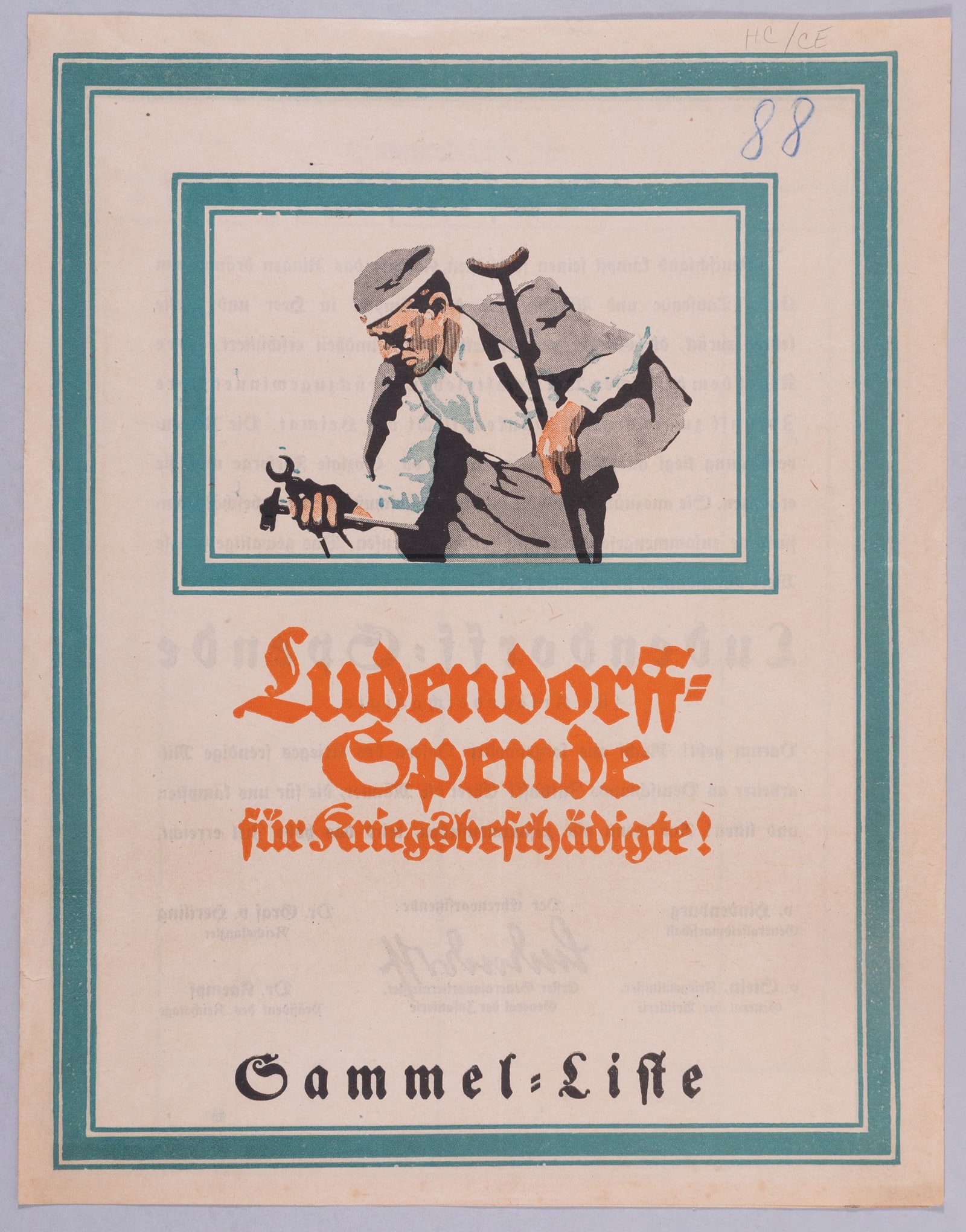 LUDENDORFF FUND COLLECTION FORM - LUDWIG HOHLWEIN: WWI German collection form for the Ludendorff Spende [Ludendorff Fund for Disabled Servicemen] for war veterans. Artwork by Ludwig Hohlwein of a disabled veteran, a well-known image that was also used