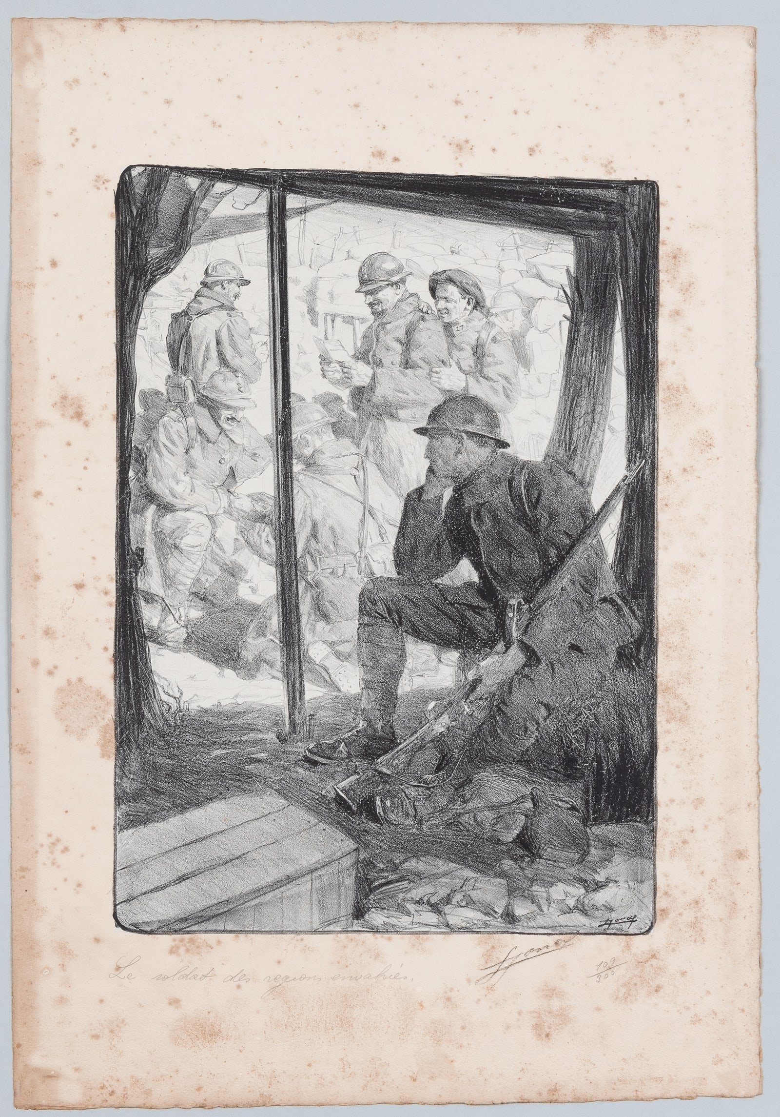 LES SOLDAT DES REGIONS ENVAHIES - LUCIEN HECTOR JONAS: WWI French lithograph titled 'Les Soldat des Regions Envahies' [Soldiers of the Invaded Regions], artwork by Lucien Hector Jonas (1880-1947), ca. 1917, signed in pencil at the bottom and numbered '109