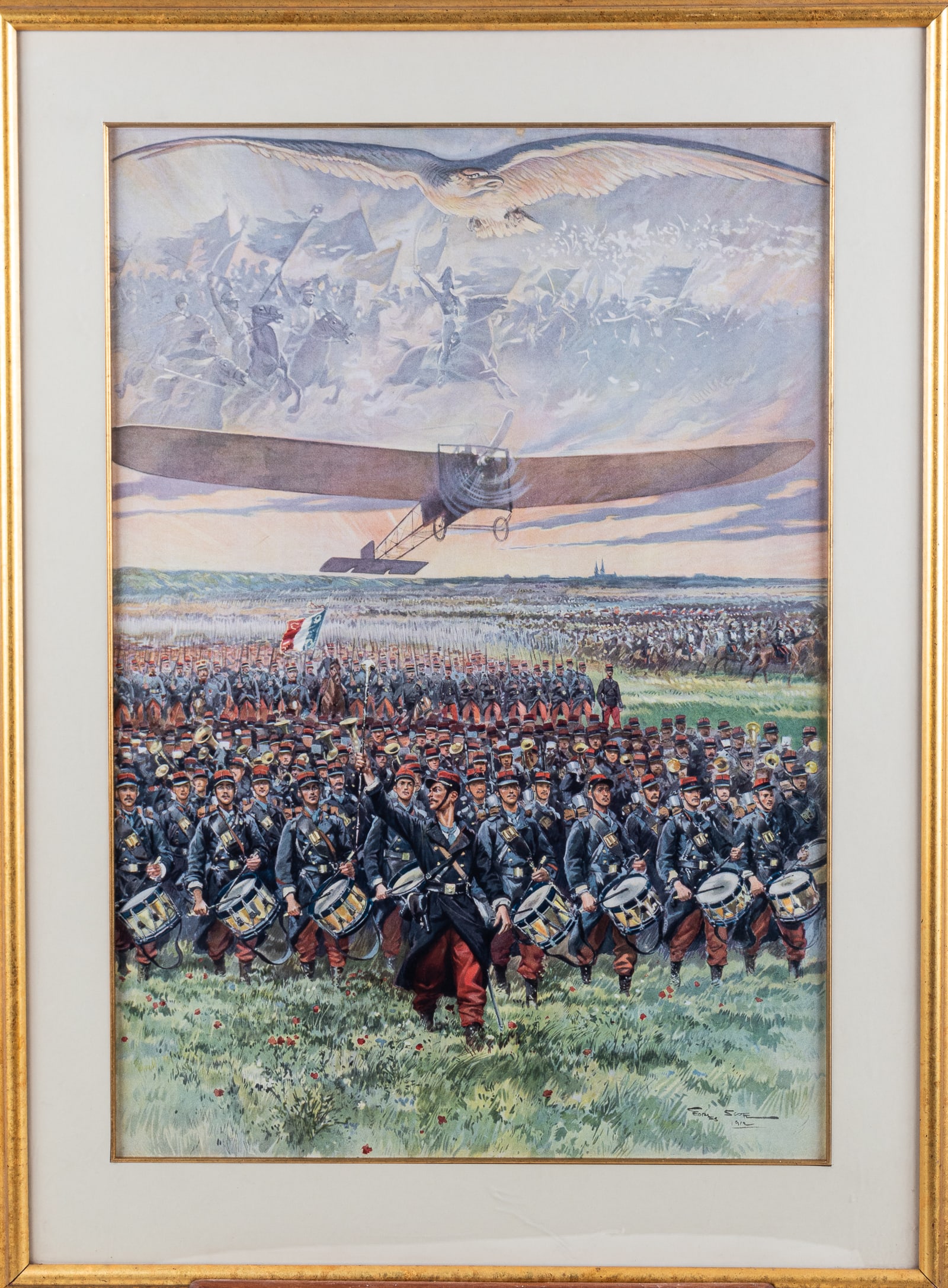 SOUS LES AILES WWI FRENCH PRINT GEORGES BERTIN SCOTT: 'Sous Les Ailes' WWI 1915 French Army print, artwork by Georges Bertin Scott (1873-1943), depicting a battlefield and the French army advancing with drummers in the front, an early French aeroplane