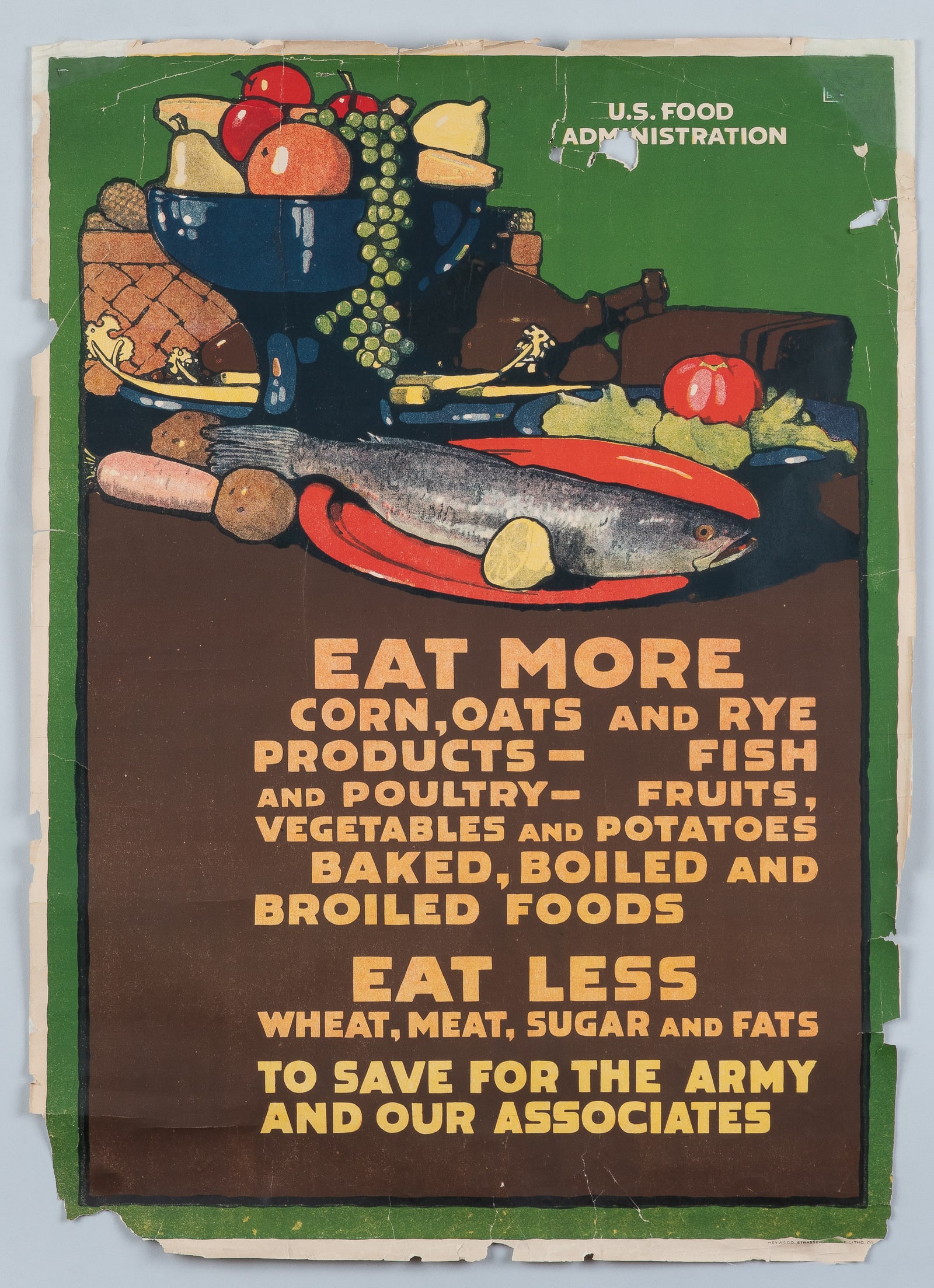 3 WWI US FOOD ADMINISTRATION POSTERS: Three WWI U.S. Food Administration posters, including: 'Food is Ammunition- Don't Waste it.' Artwork by J. E. Sheridan, ca. 1918, Heywood Strasser & Voight Litho. Co., U.S. Food Administration poster 