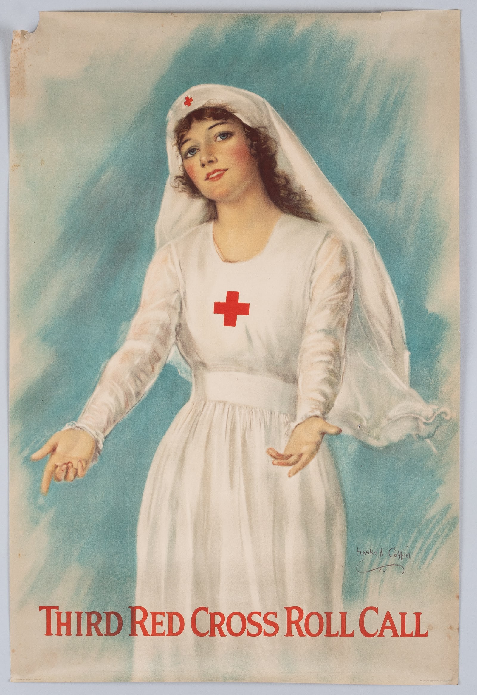 WWI THIRD RED CROSS ROLL CALL POSTER - HASKELL COFFIN: 'Third Red Cross Roll Call' WWI American Red Cross poster, artwork by Haskell Coffin (1871-1941), published by the American Red Cross, printed by American Litho. Co., N.Y., 1918. Section of loss in th