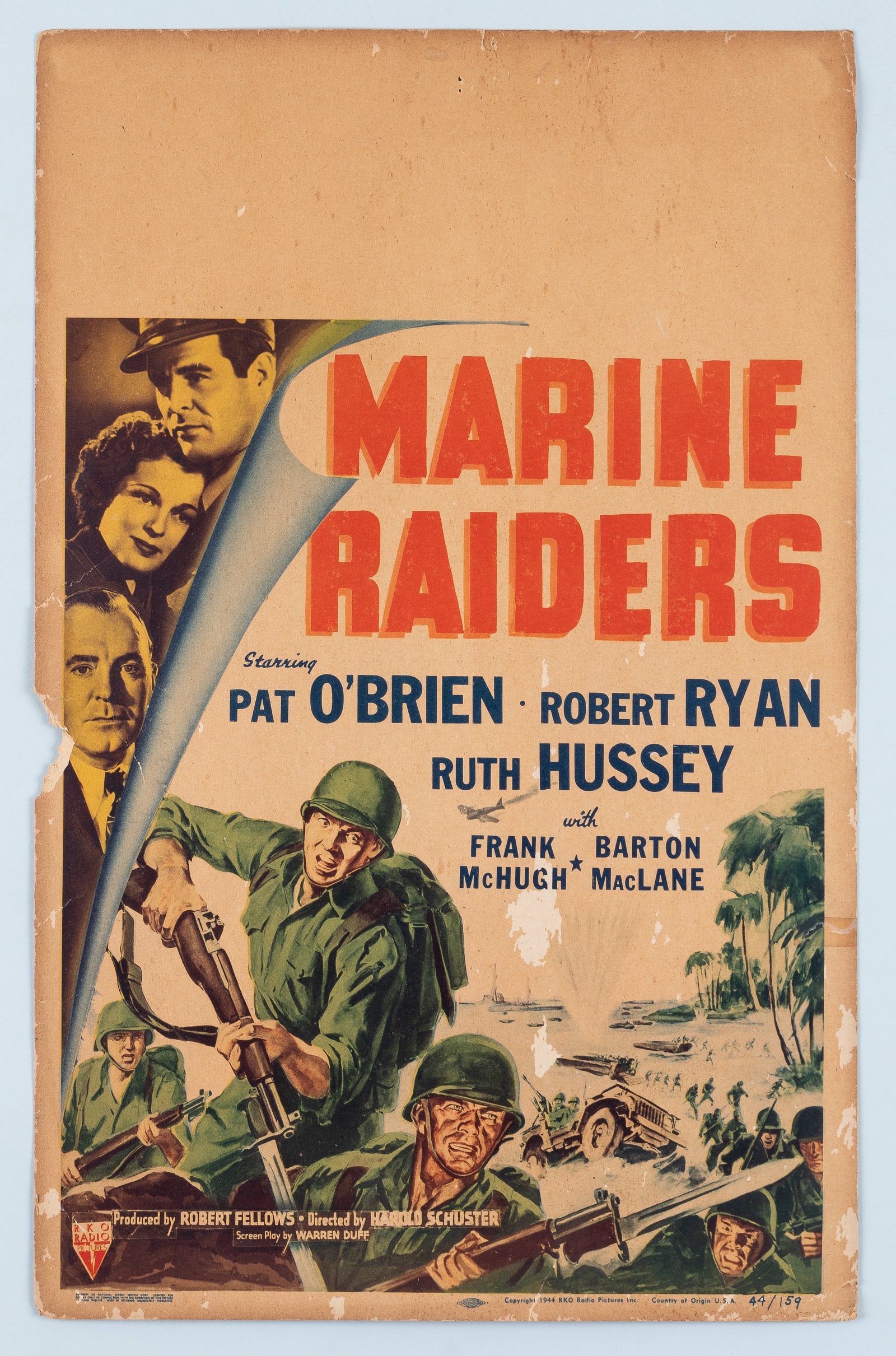 MARINE RAIDERS (1944) RKO MOVIE CARD: Original RKO movie card for Marine Raiders (1944), starring Pat O'Brien, Robert Ryan, Ruth Hussey, Frank McHugh, and Bartib MacLane, produced by Robert Fellows, directed by Harold Schuster, and with a