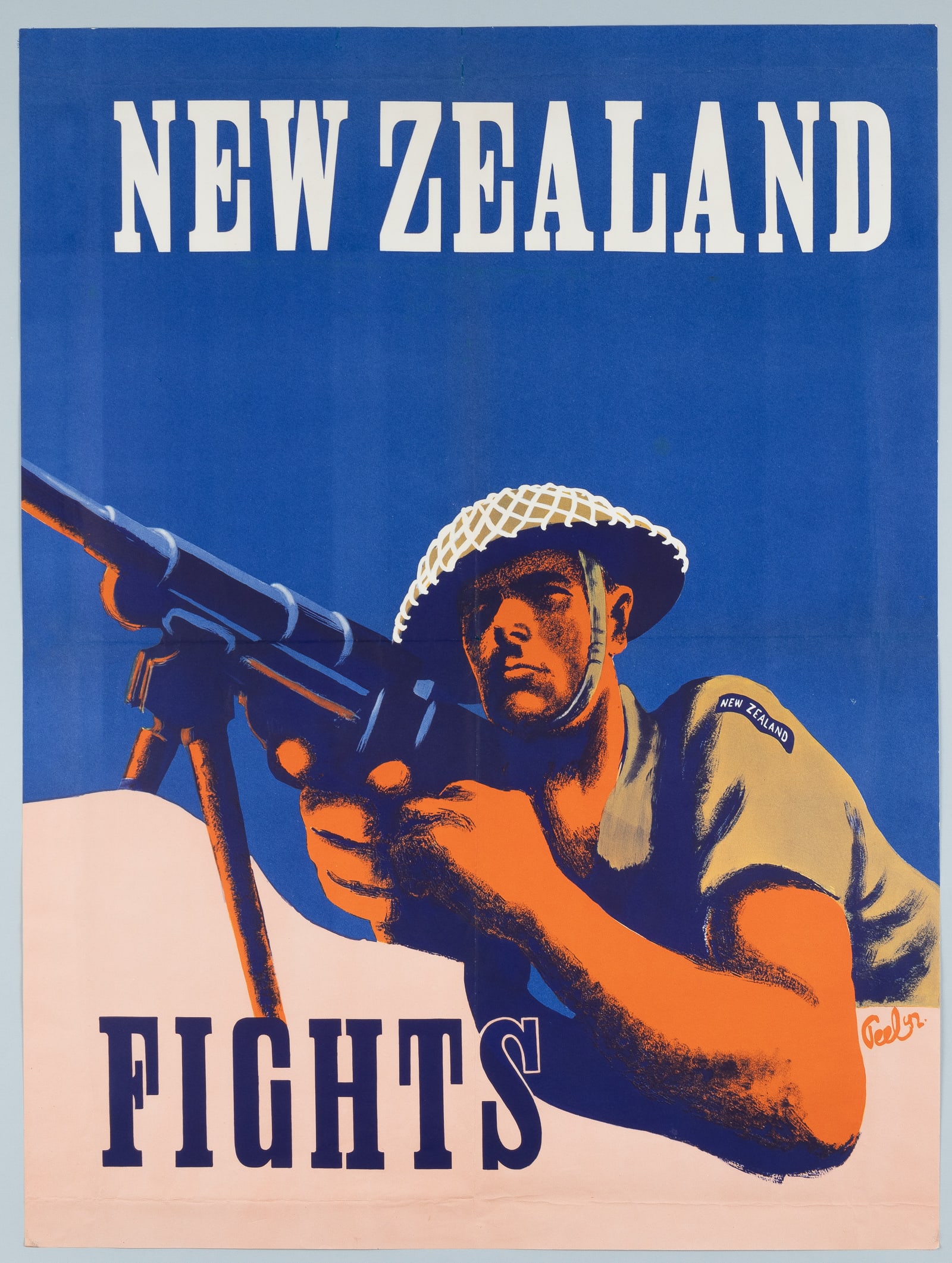 WWII PROPAGANDA POSTER NEW ZEALAND FIGHTS: Scarce WWII propaganda poster 'New Zealand / Fights,' artwork by A.T. Peel. This poster was part of a series published by the New Zealand Legation in Washington, D.C., about 1942. The image shows a Ne