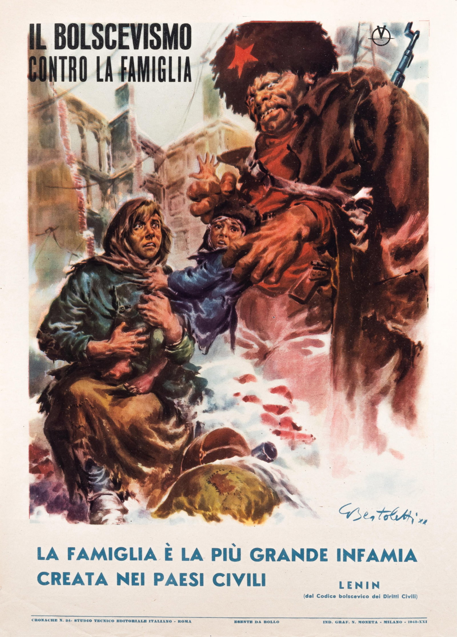 WWII ITALIAN ANTI-BOLSHEVIK PROPAGANDA POSTER: Original Italian WWII propaganda poster from 1942, 'BOLSHEVISM AGAINST THE FAMILY.' The poster depicts A terrifying Bolshevik wearing a fur hat and red star, snatching her little son from the arms of 