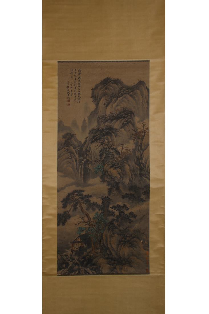 A PAINTING OF SCHOLAR IN LANDSCAPE, QIAN WEICHENG: A painting of scholar in landscape by Qian Weicheng. Ink and color on paper, Hanging Scroll. Dimension: Inner Painting: 125 cm x 54 cm. Full Scroll: 215 cm x 72 cm. All measurements are approximate. <