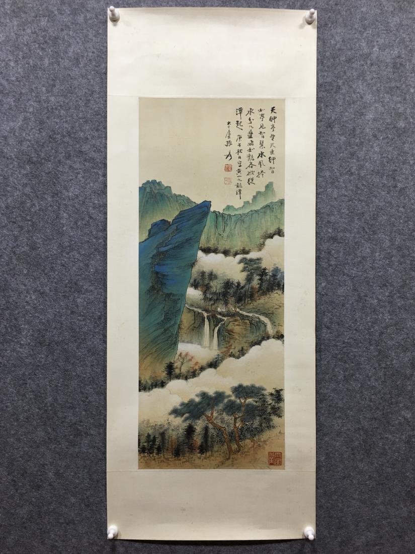 A PAINTING OF MOUNTAIN & RIVER, CHANG DAI-CHIEN: A painting of mountain & river by Chang Dai-chien. Ink and color on paper, Hanging scroll. Dimension: Inner Painting: 68 cm x 26 cm. All measurements are approximate.