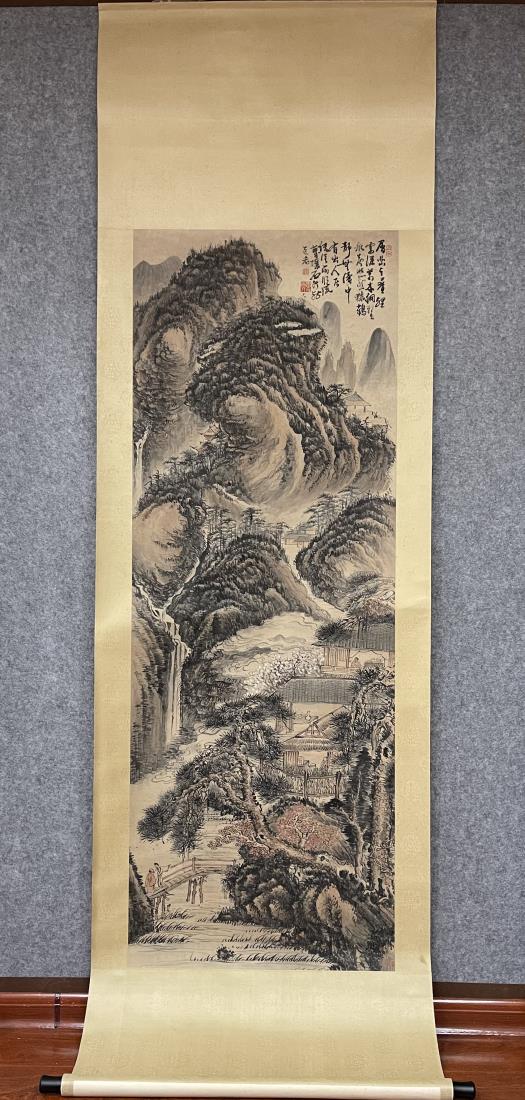 A HANGING SCROLL LANDSCAPE PAINTING, KUN CAN: A hanging scroll landscape painting by Kun Can. Ink and color on paper, Hanging scroll. Dimension: Inner Painting: 174 cm x 63 cm. All measurements are approximate.